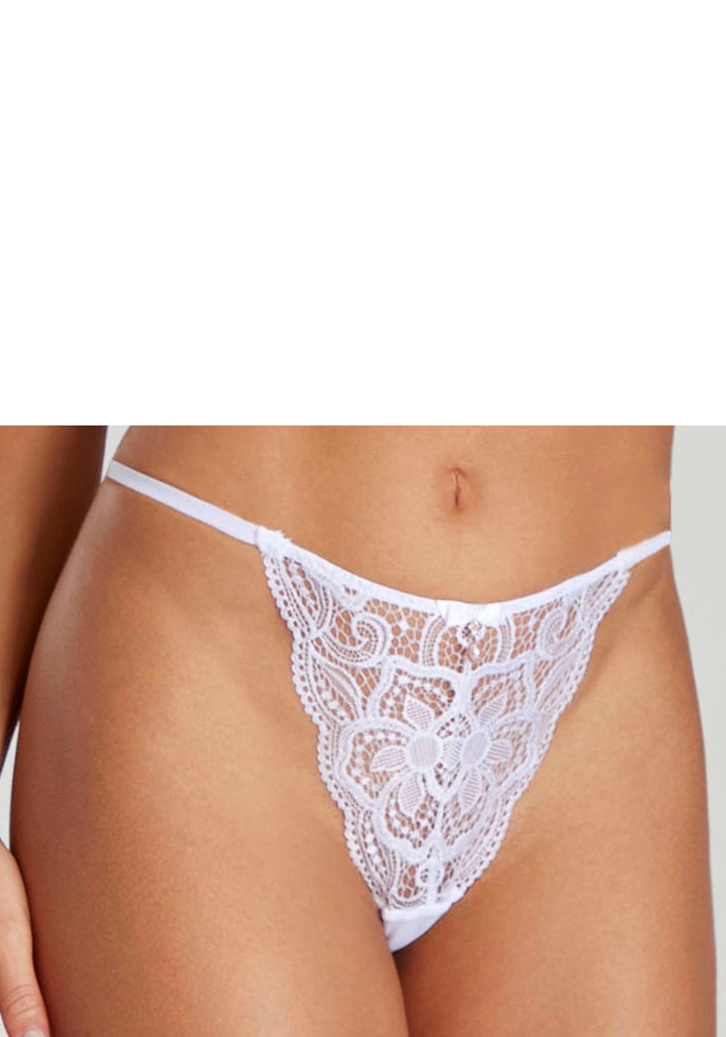 Lascana String Nikoletta van gebloemd kant met accessoire in kralen-look