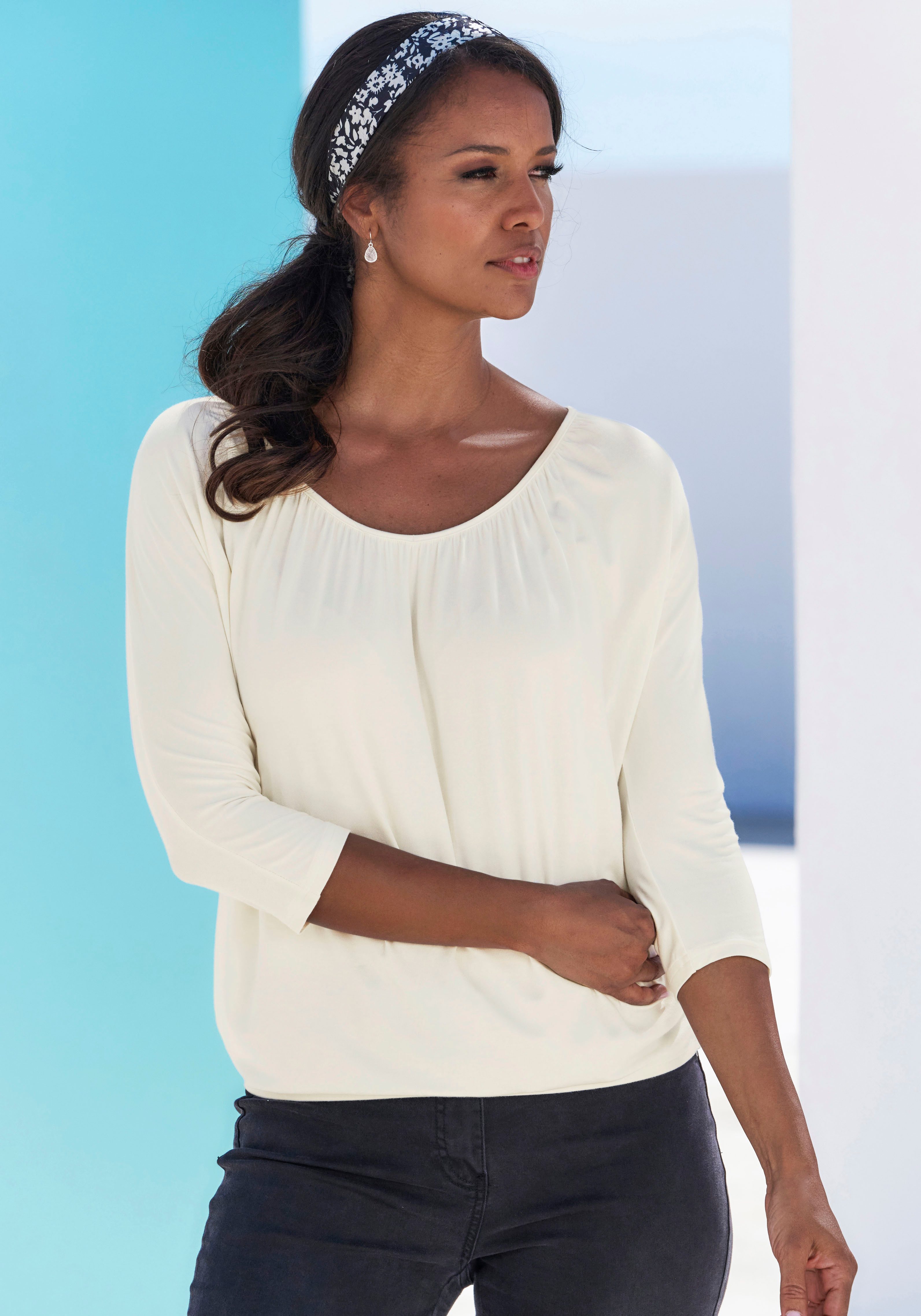 Lascana Shirt met 3/4 mouwen Met fijne plooien bij de hals (Set van 2)