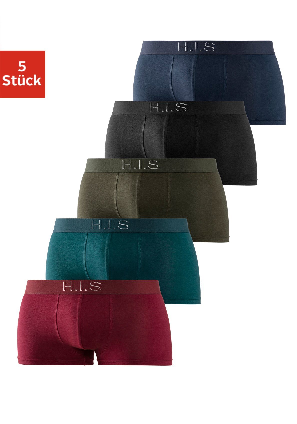 H.I.S Hipster strak zittende boxershorts aan de webband met logo-opdruk met 3d-effect (set, 5 stuks)