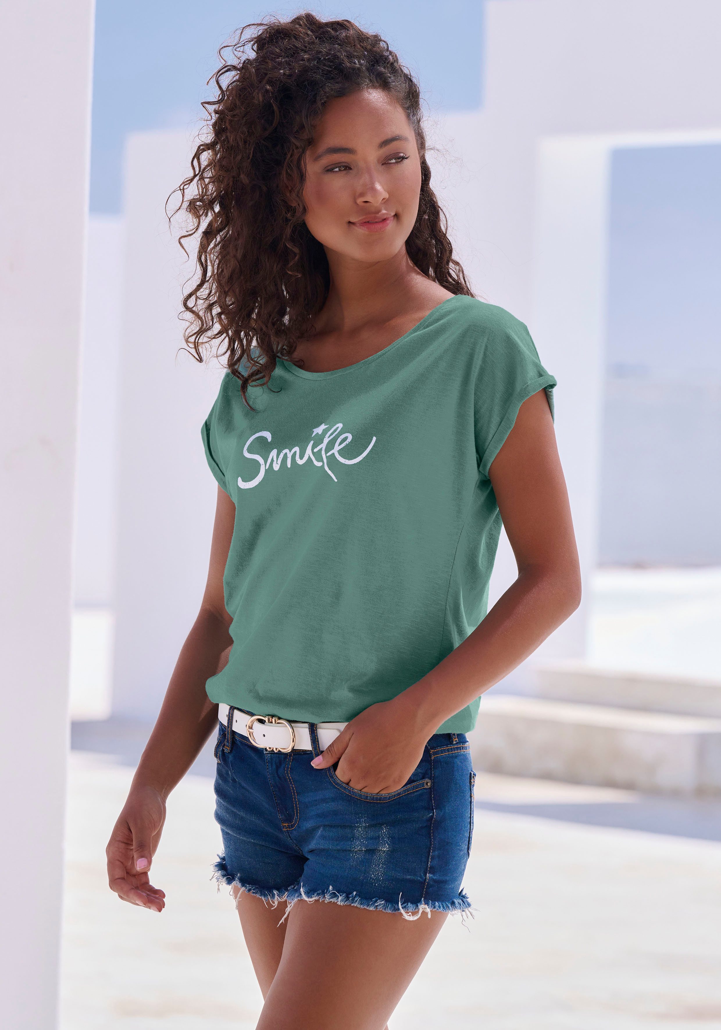 Beachtime T-shirt Met frontprint "Smile" in een zachte katoenkwaliteit