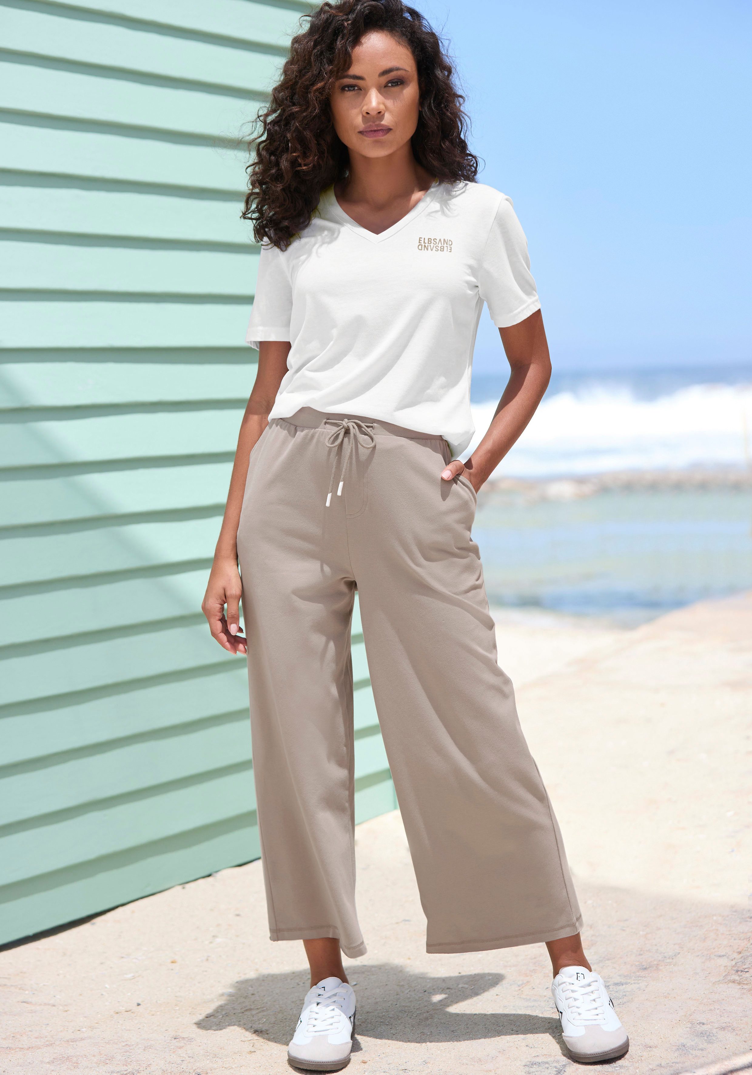 Elbsand Shirt met V-hals met logo-print, kortarmshirt, basic