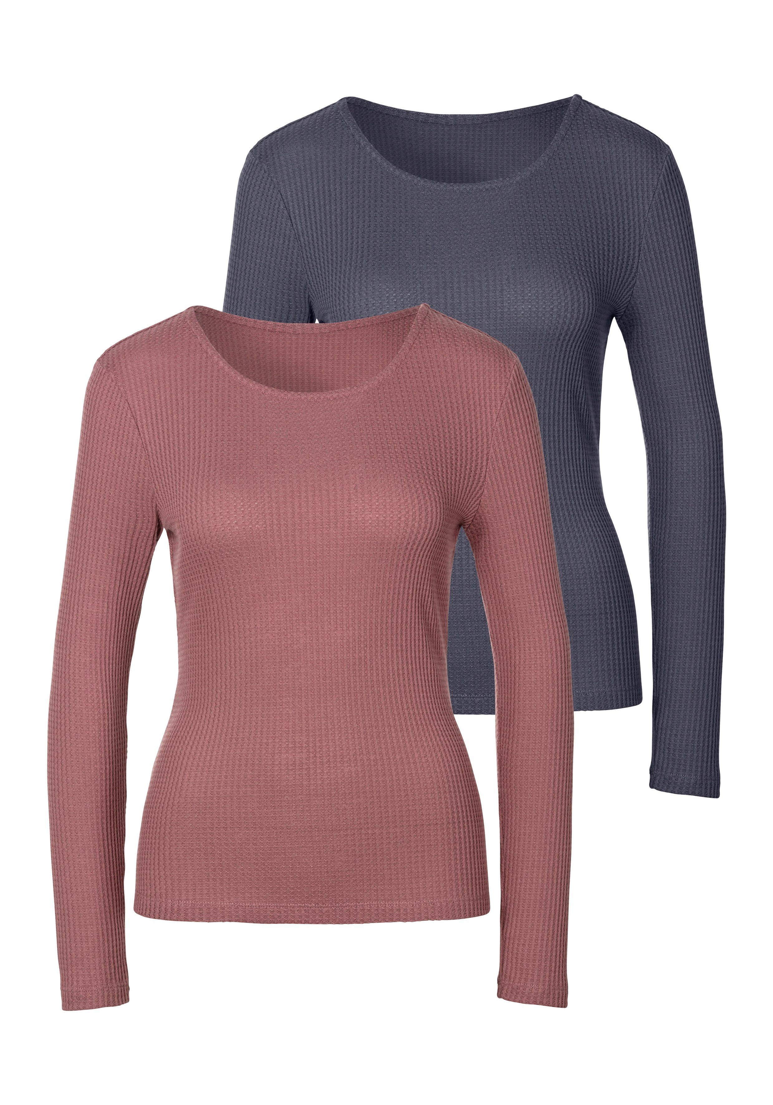 Lascana Shirt met lange mouwen In modieuze piqué-optiek van onderhoudsvriendelijke kwaliteit met viscose (Set van 2)