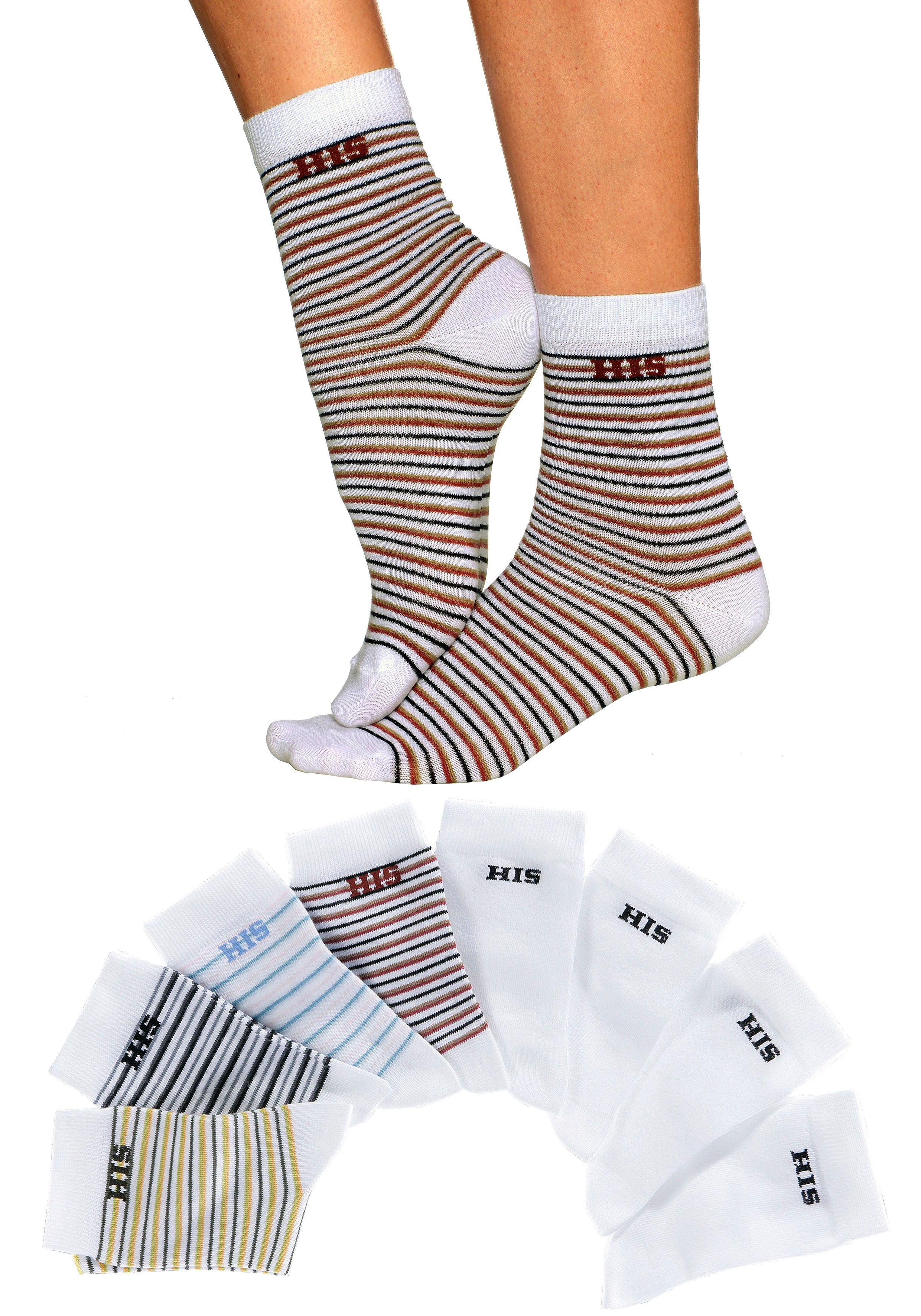 H.I.S Sokken gestreept en unikleur (set, 8 paar)