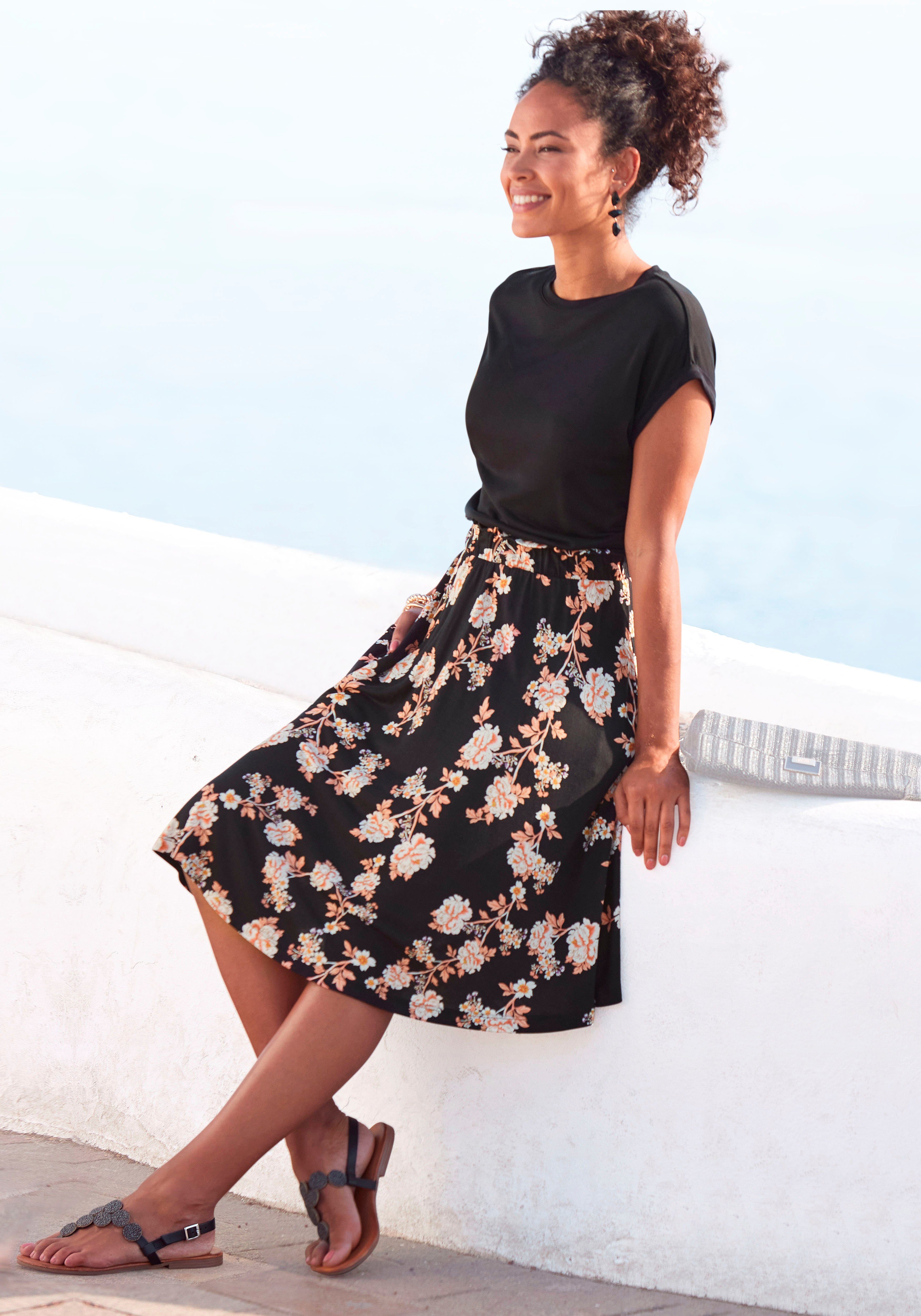Lascana Jerseyjurk met paperbag stijl, tailleband en bedrukte rok, zomerjurk met korte mouwen