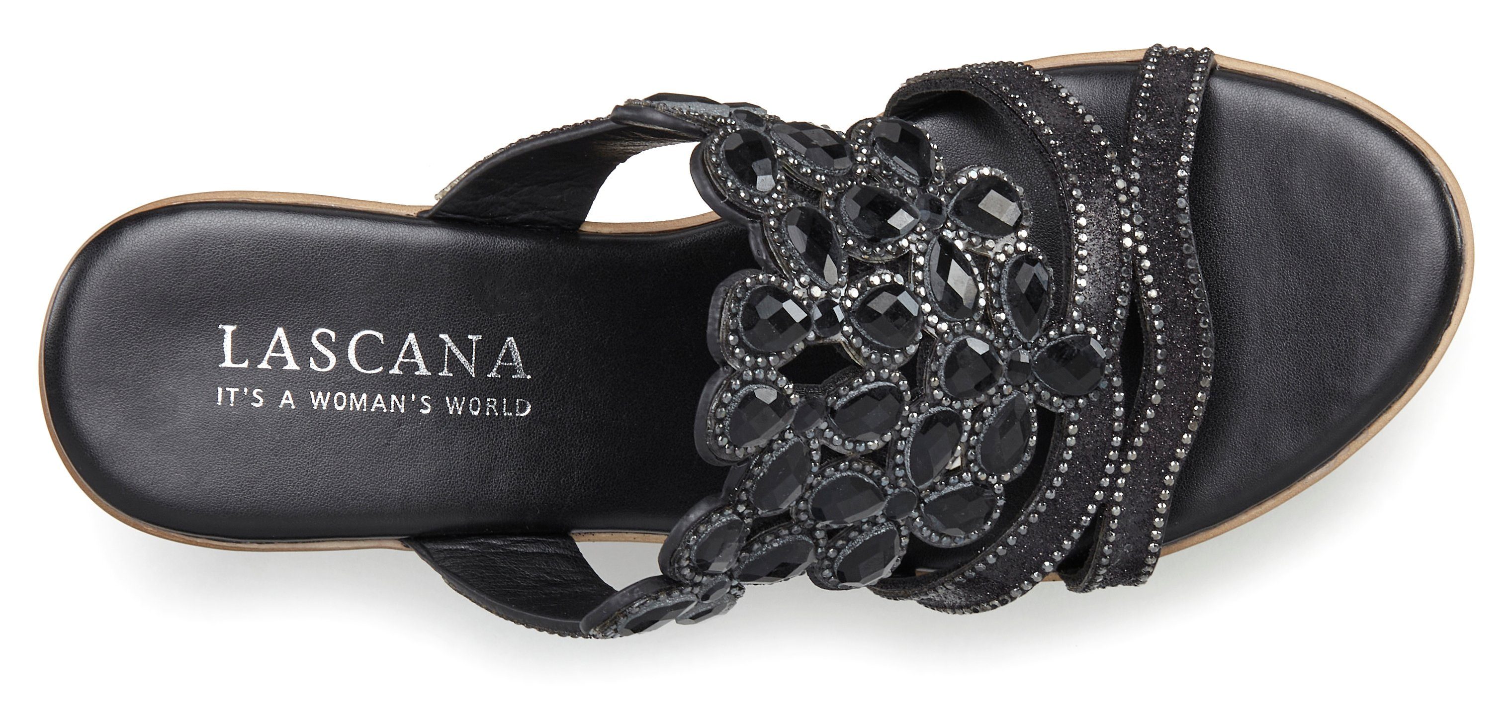Lascana Slippers Mule, sandaal, open schoen met sleehak en uitgebreide versiering