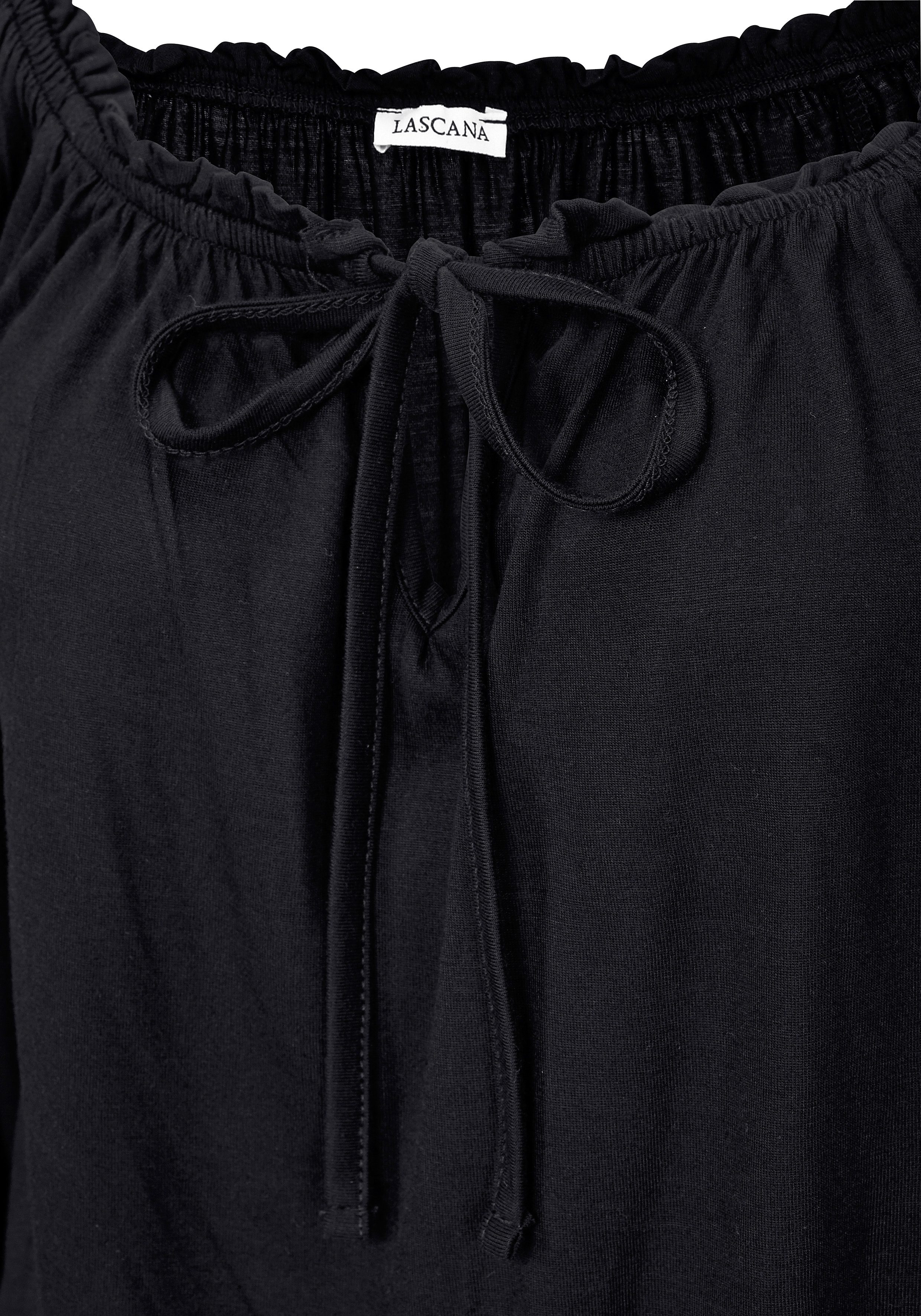 Lascana Shirt met carmenhals met 3/4-mouwen, blouseshirt met striklint en elastische tailleband