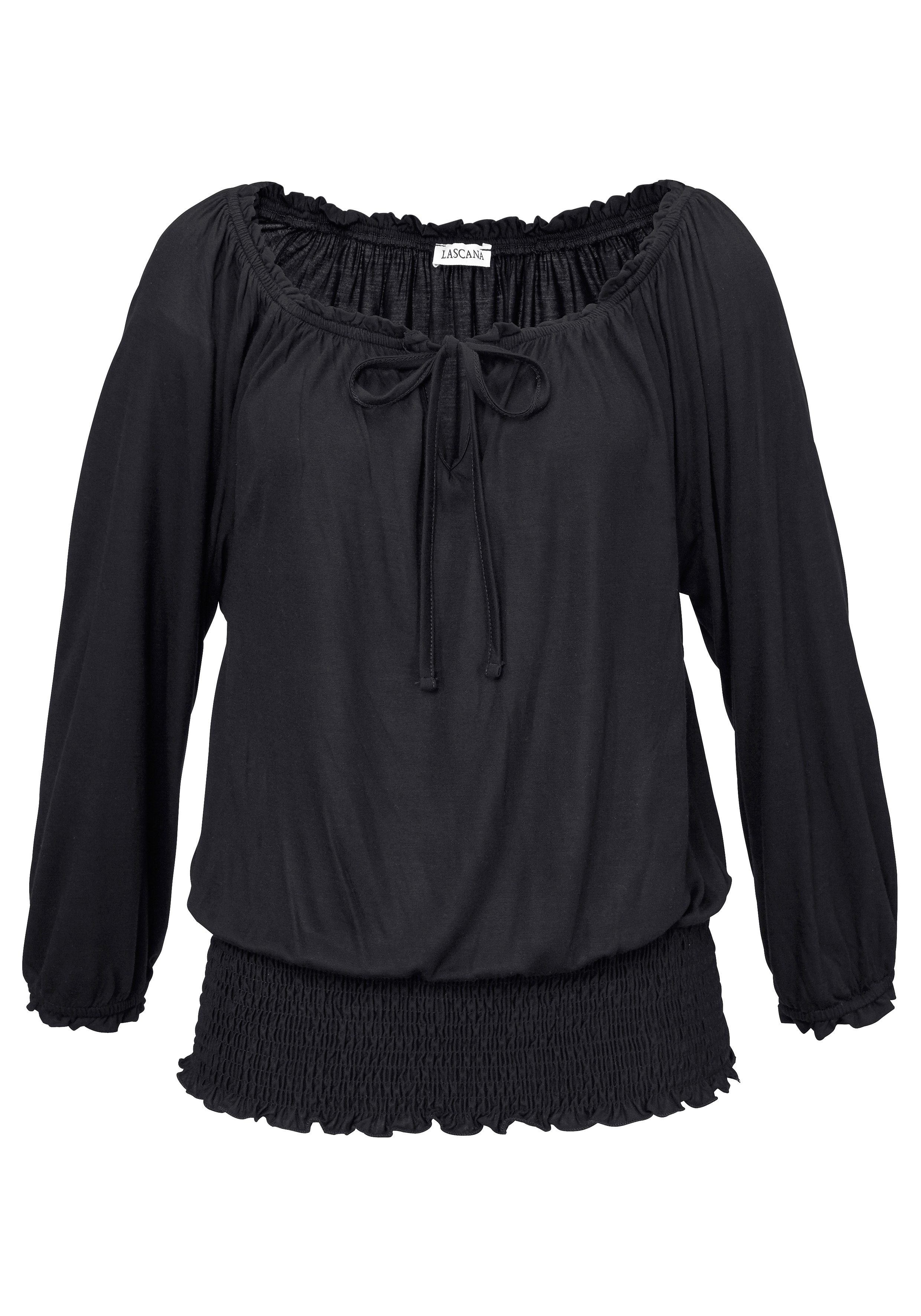 Lascana Shirt met carmenhals met 3/4-mouwen, blouseshirt met striklint en elastische tailleband