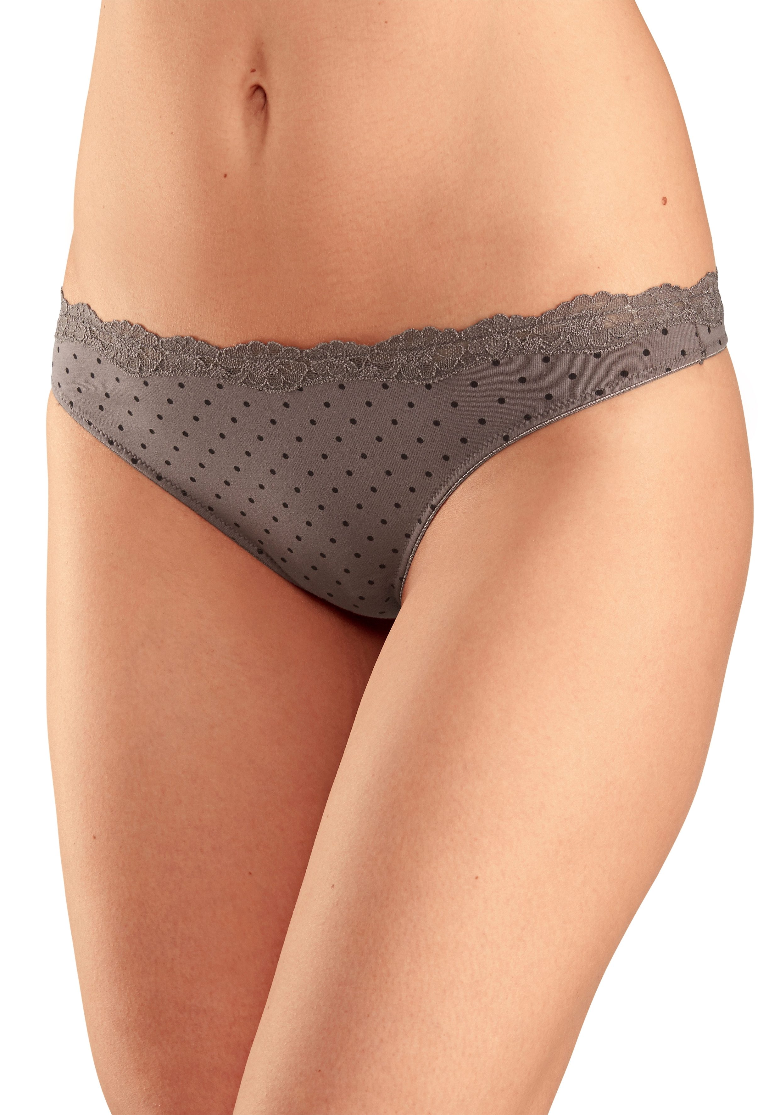 Lascana String van elastische katoen met delicate kant (3 stuks) strings maat 44/46 bruin
