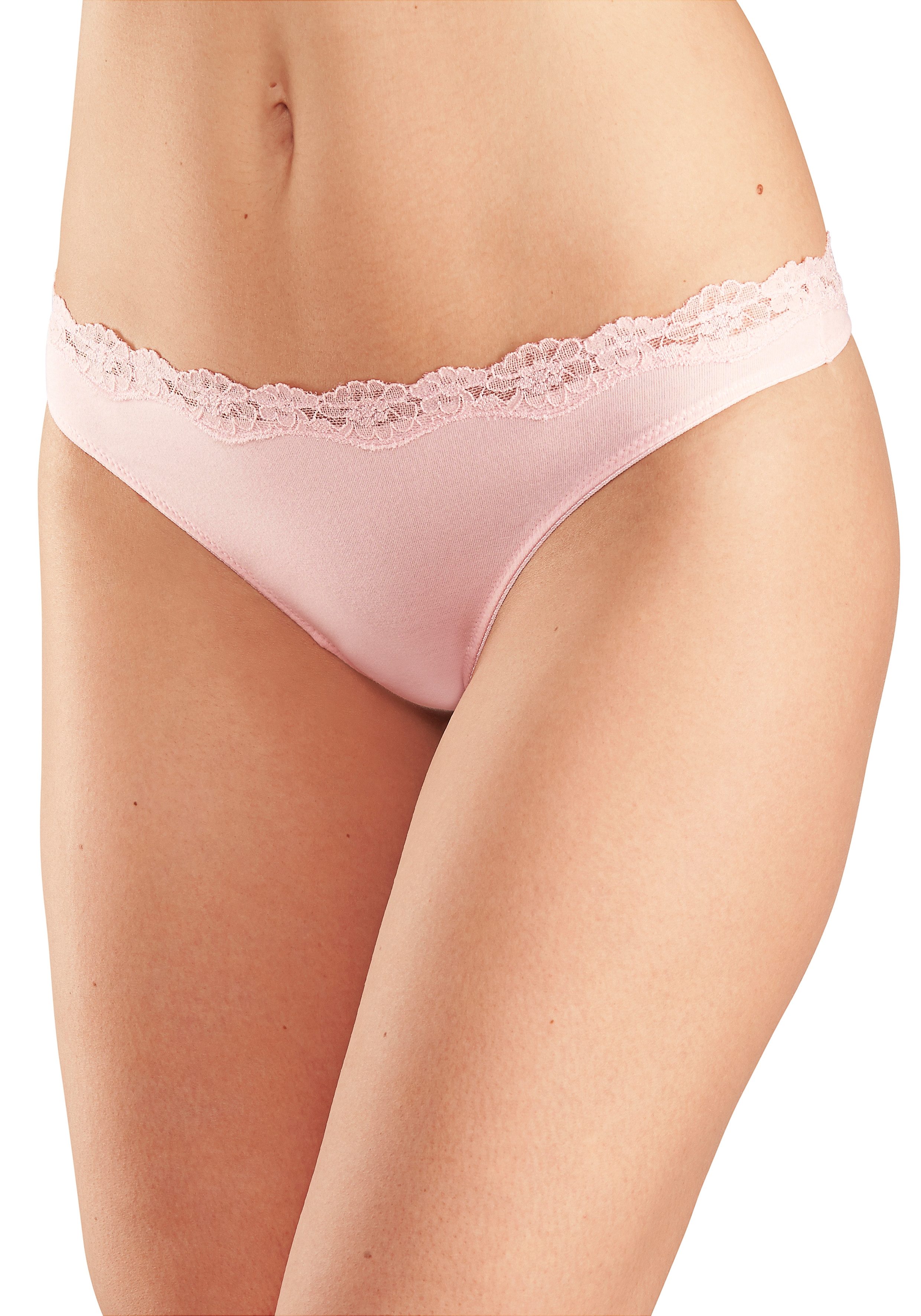 Lascana String van elastische katoen met delicate kant (3 stuks) strings maat 32/34 roze