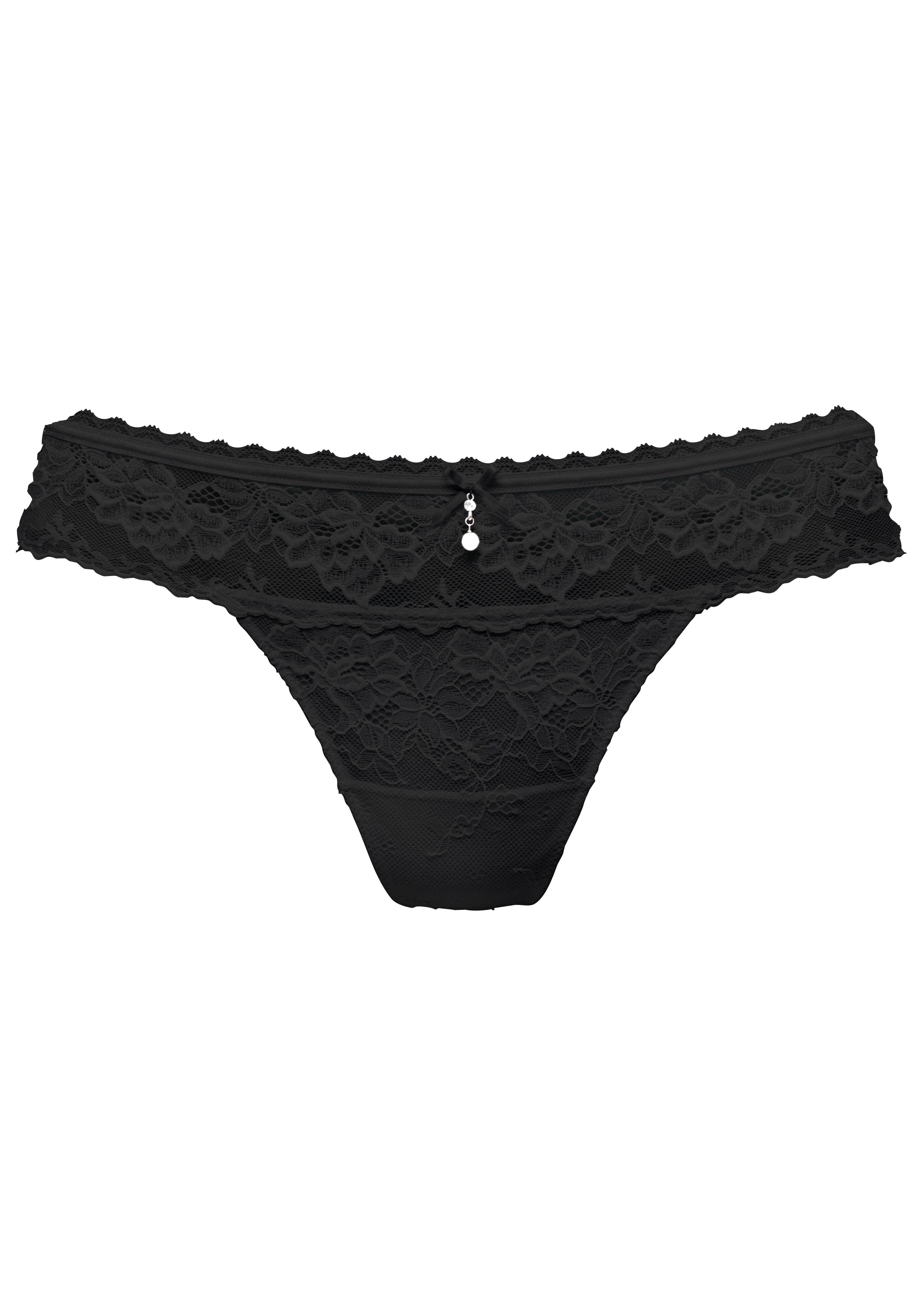 Lascana String rondom van delicate jacquardkant met edel sieraadaccessoire strings maat 48/50 zwart