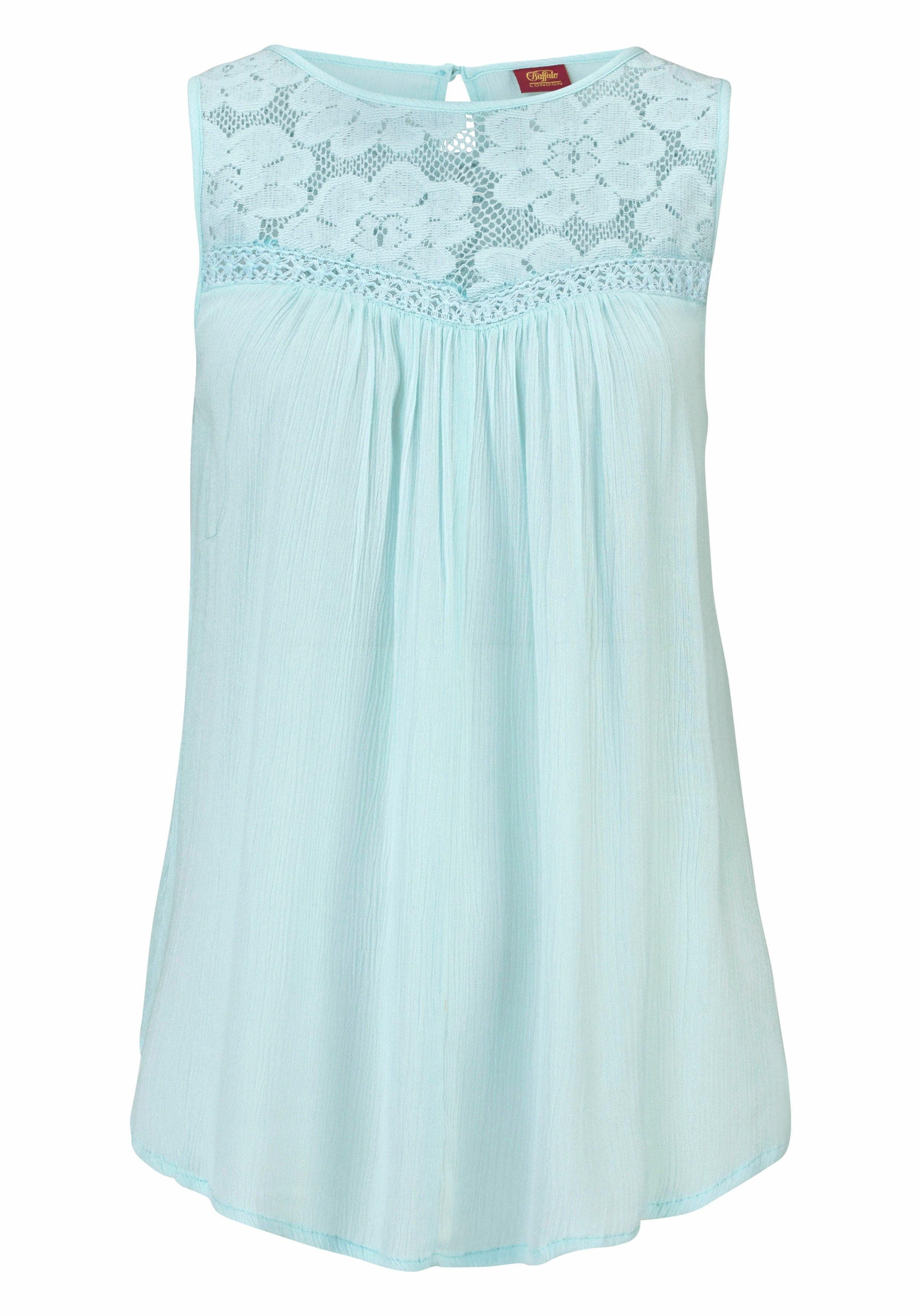 Buffalo Crêpe-blouse met kanten inzetstuk, blouse, boho stijl shirts maat 34 groen
