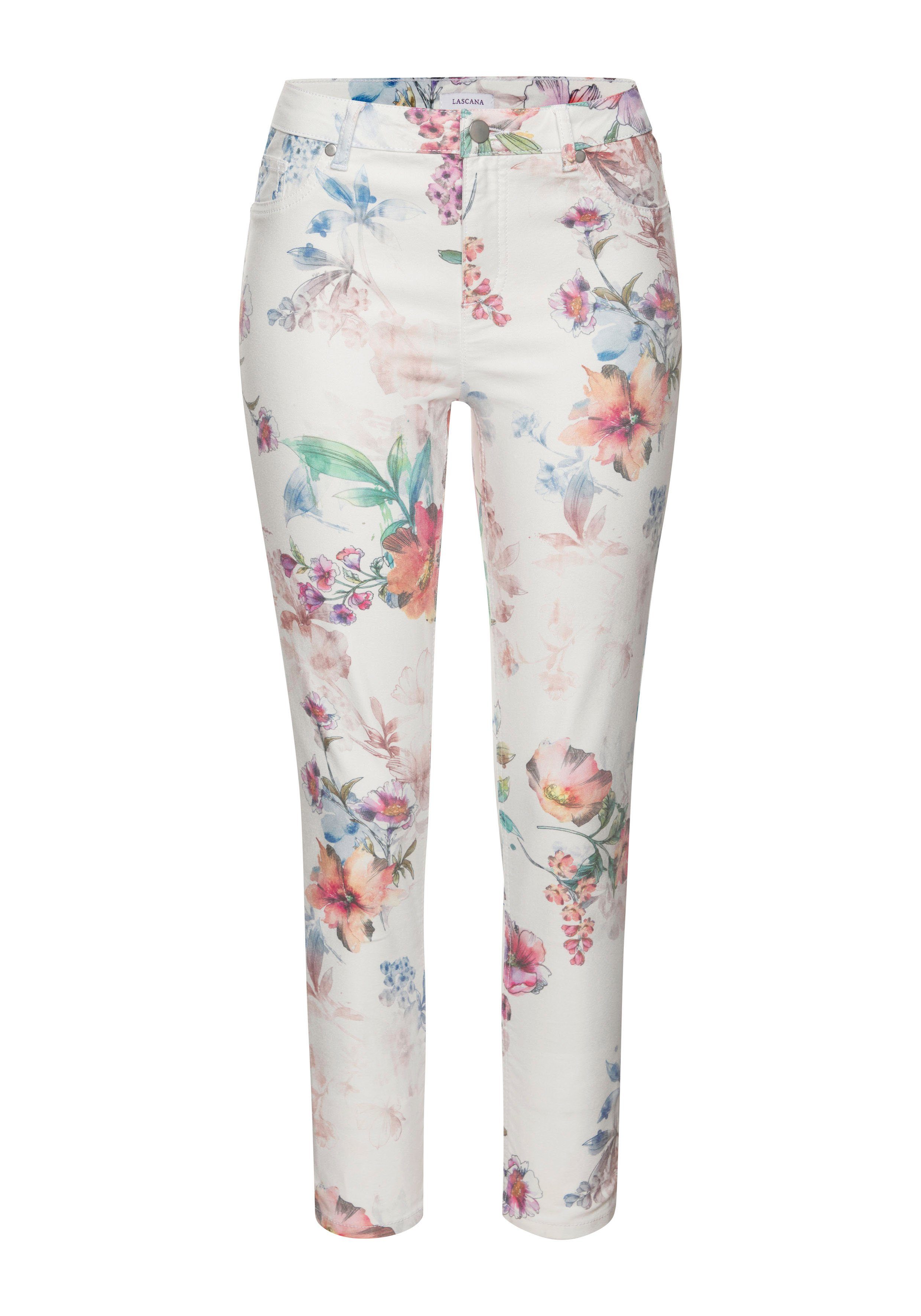 Lascana 7/8-jegging met bloemenprint, skinny jeans van elastische katoenmix