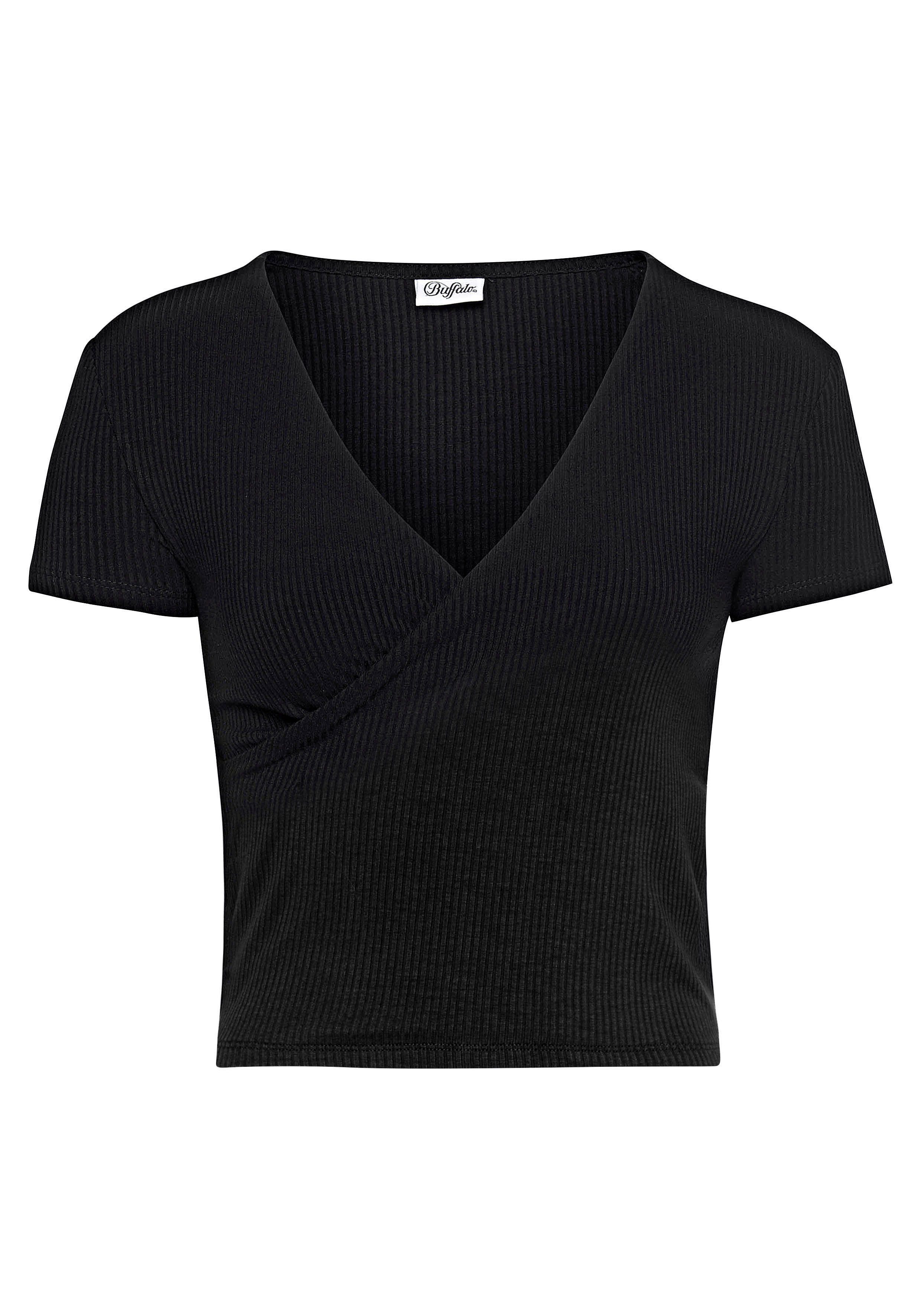 Buffalo Shirt met korte mouwen met wikkellook en v-hals, t-shirt, nauwsluitend, basic