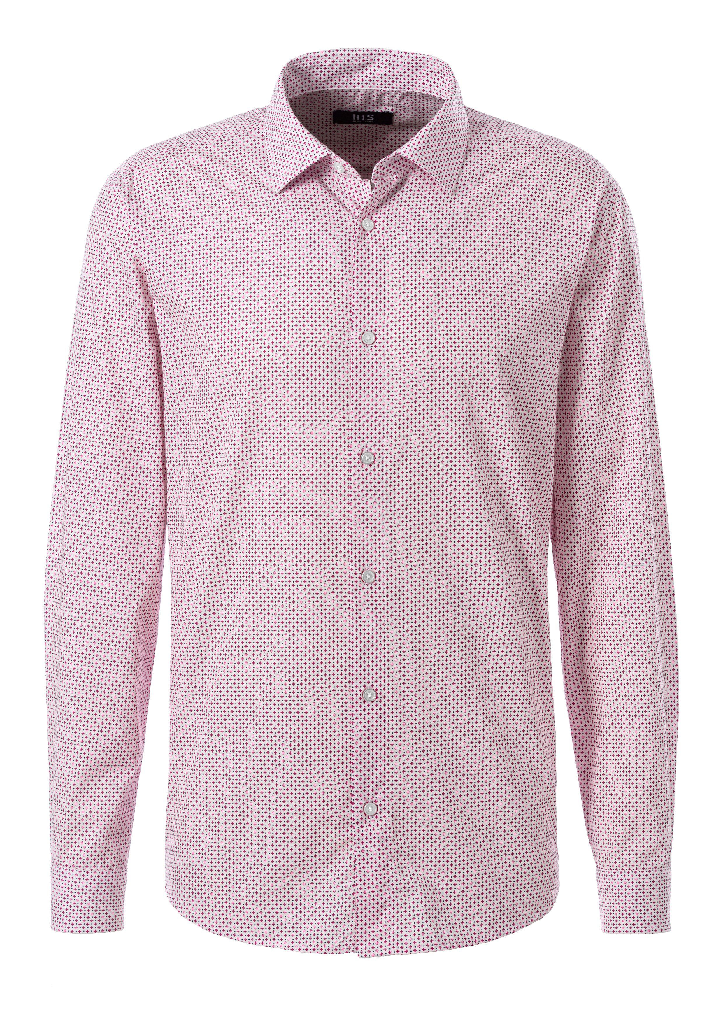 H.I.S Overhemd met lange mouwen Regular fit met haifiskraag en all-over print van zuiver katoen heren maat L (41/42) rood
