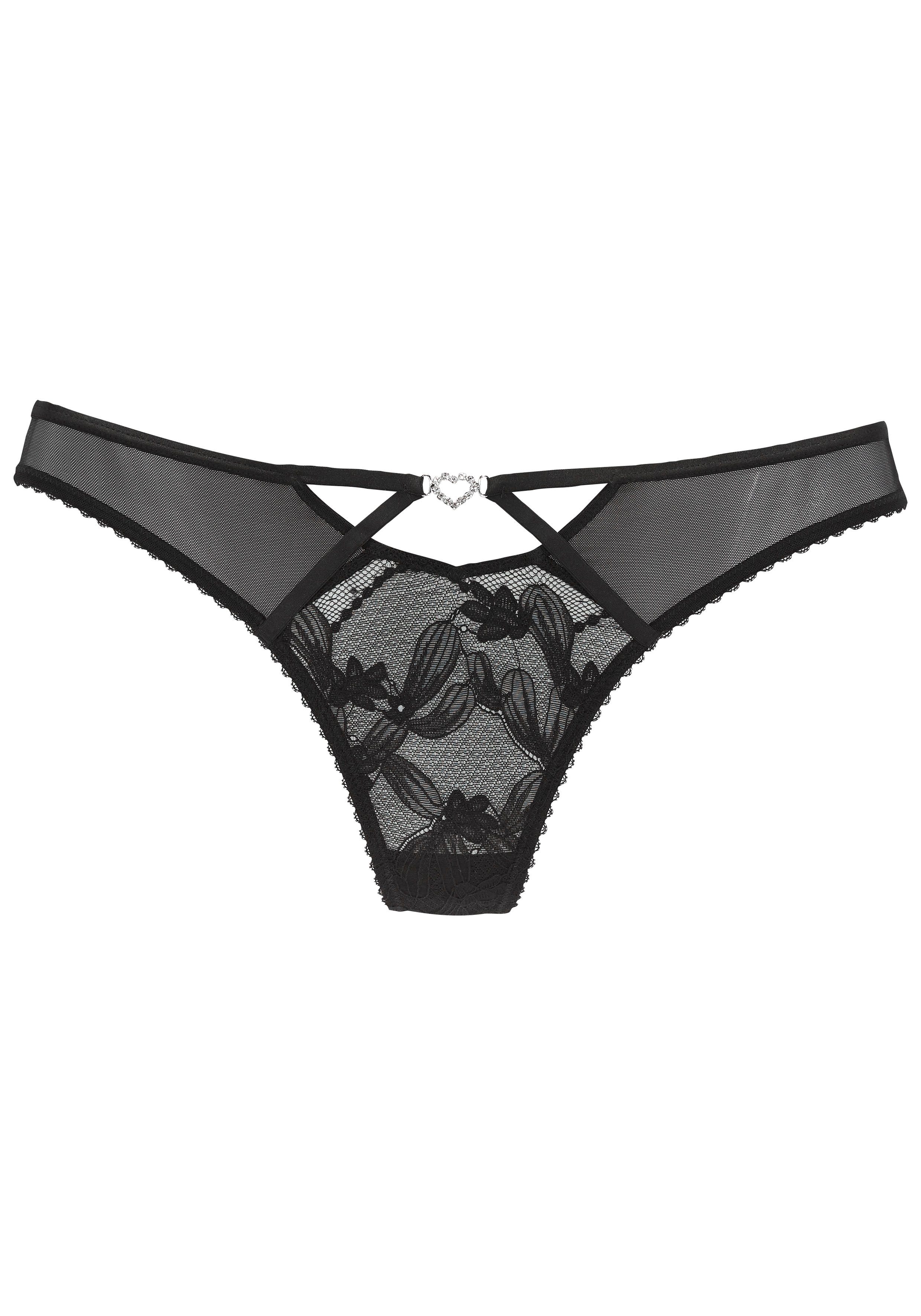 Lascana String Dalia met fijne strasssteentjes en kant strings maat 36/38 zwart
