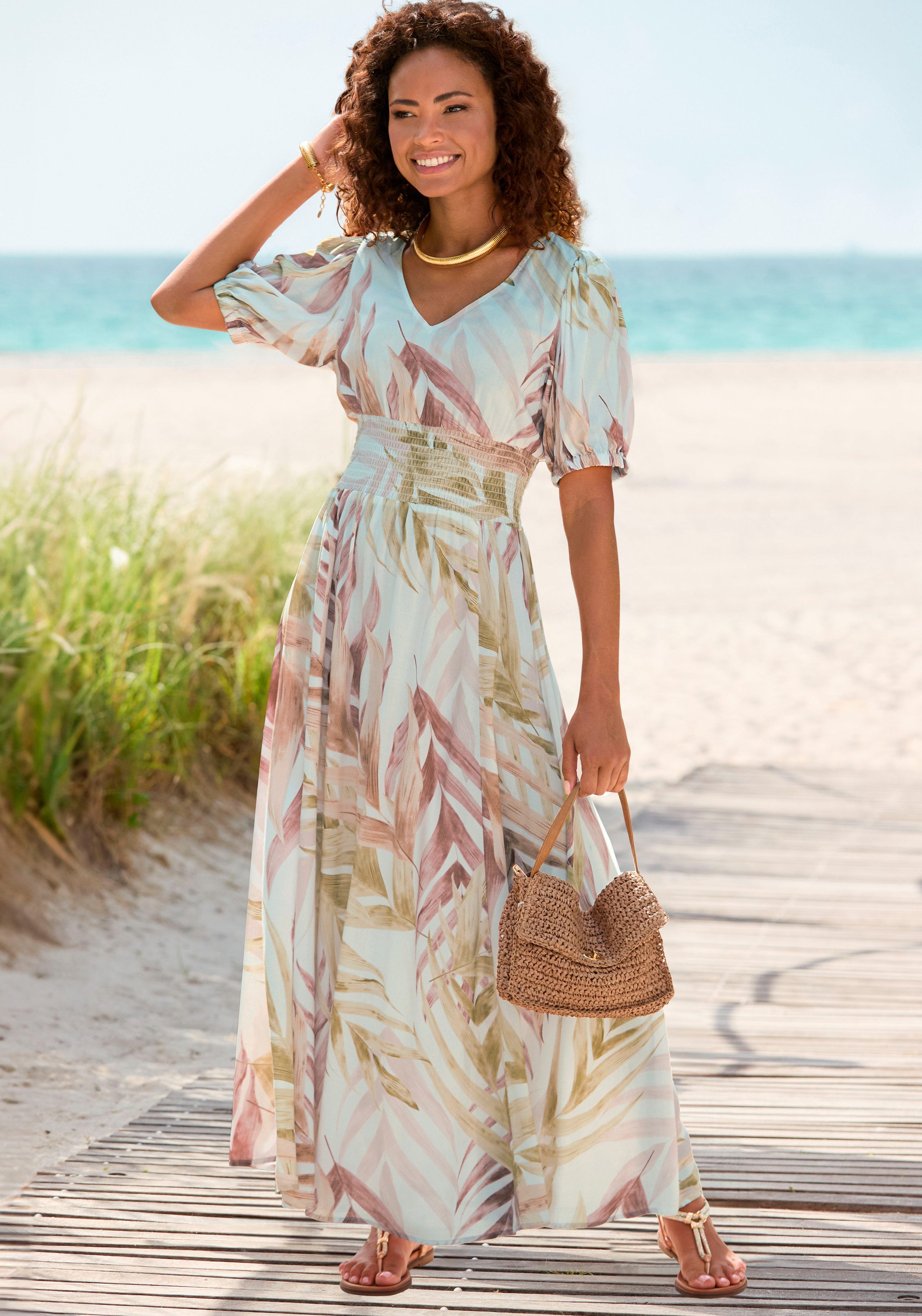 Lascana Maxi-jurk met alloverprint en gerimpelde taille, luchtige zomerjurk