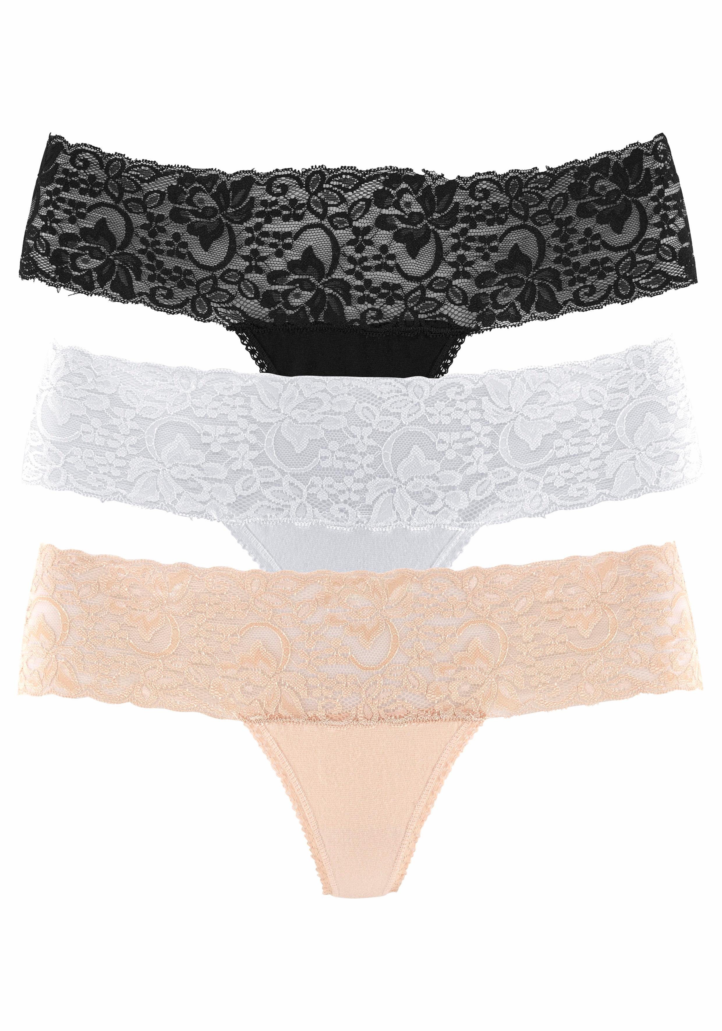 Vivance String van elastische katoen met florale kant (3 stuks)