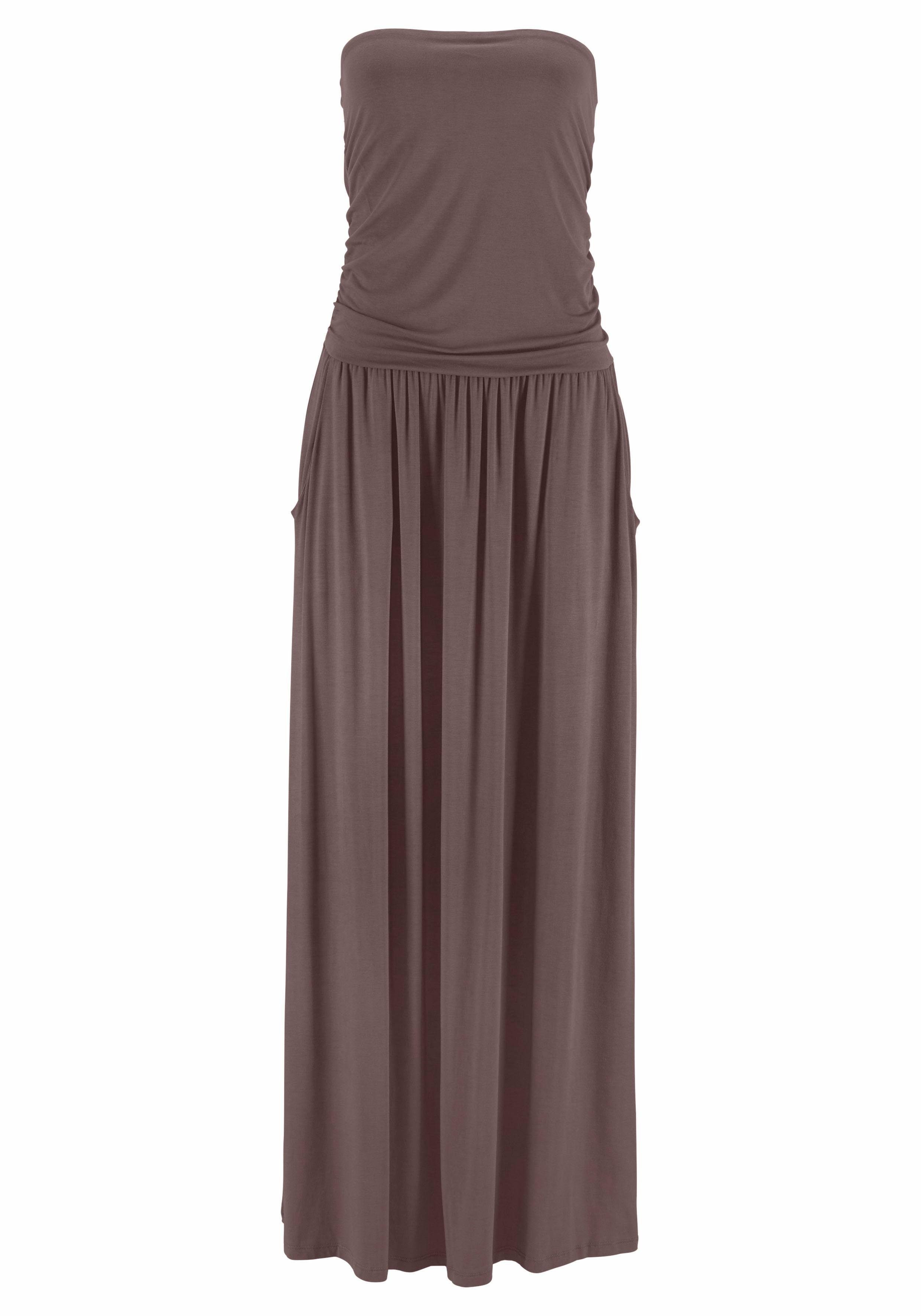 Lascana Maxi-jurk met smalle bovenkant en zakken, off-the-shoulder, zomerjurk, basic strandkleding maat 44 bruin