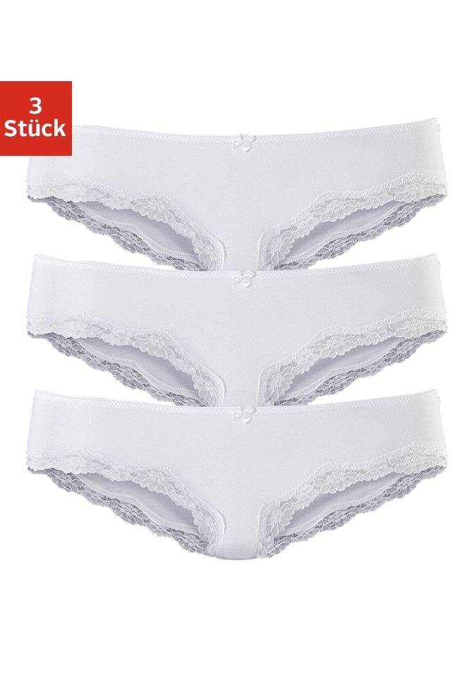 Lascana Slip van elastische katoen met delicate kant (3 stuks)