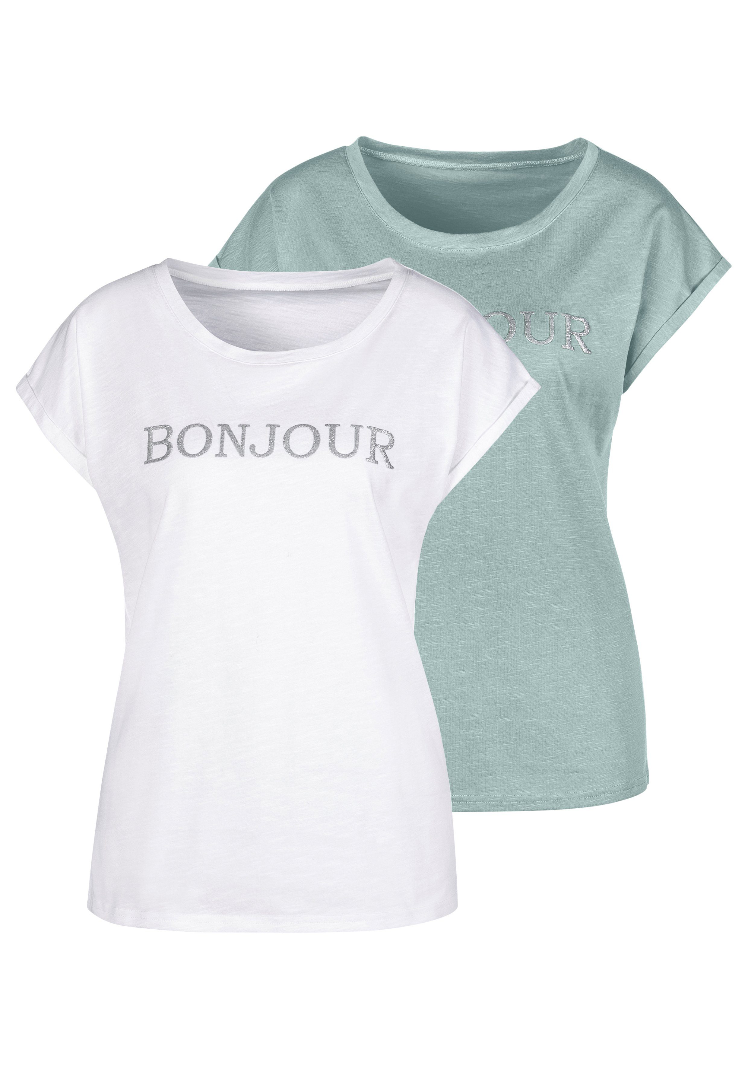 Vivance T-shirt Met frontdruk "Bonjour" in een zachte katoenkwaliteit (2-delig, Set van 2)