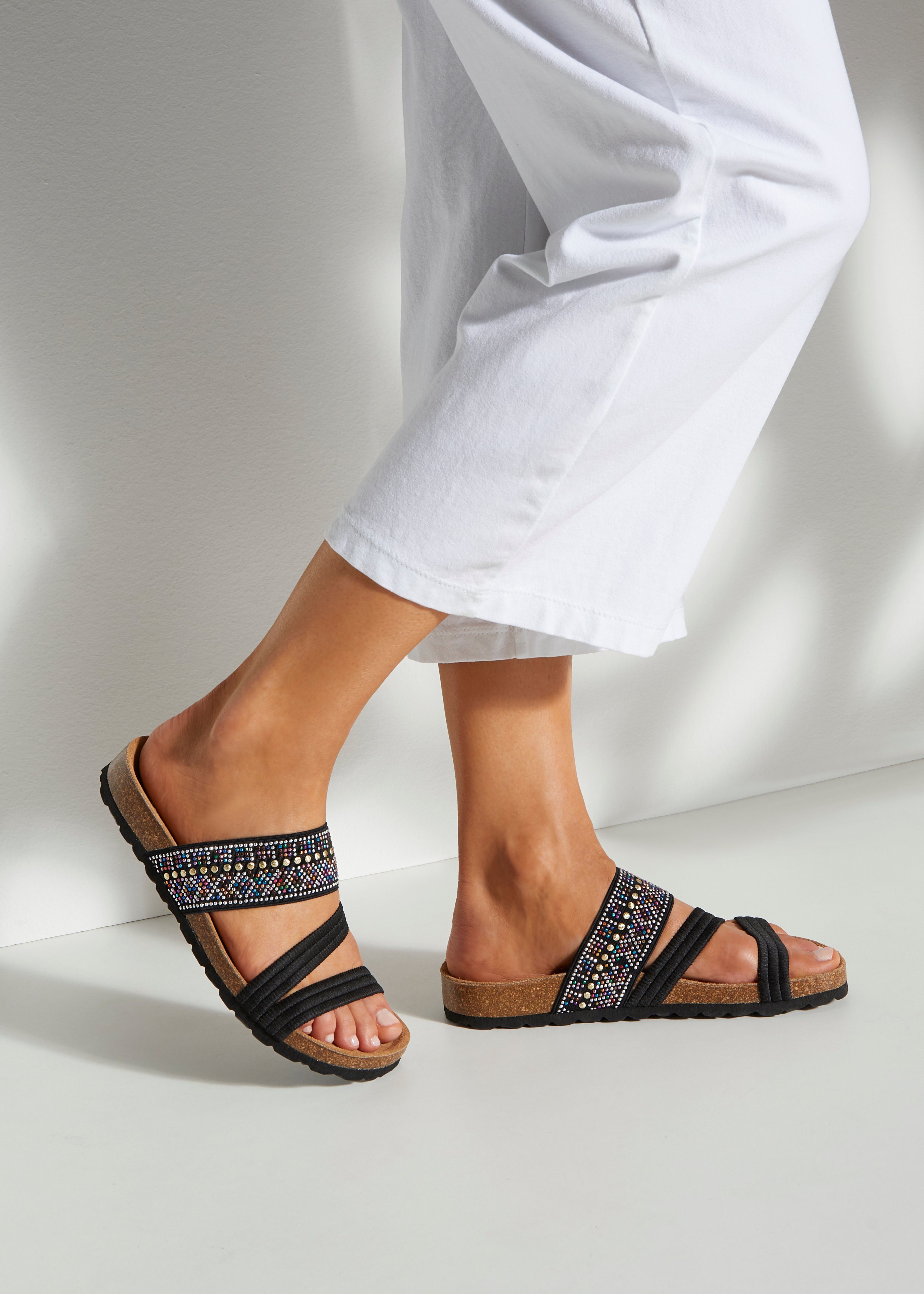 Lascana Slippers Mule, sandaal, open schoen, zomerschoen, Mule, sandaal, open schoen met kurkvoetbed en elastische riemen