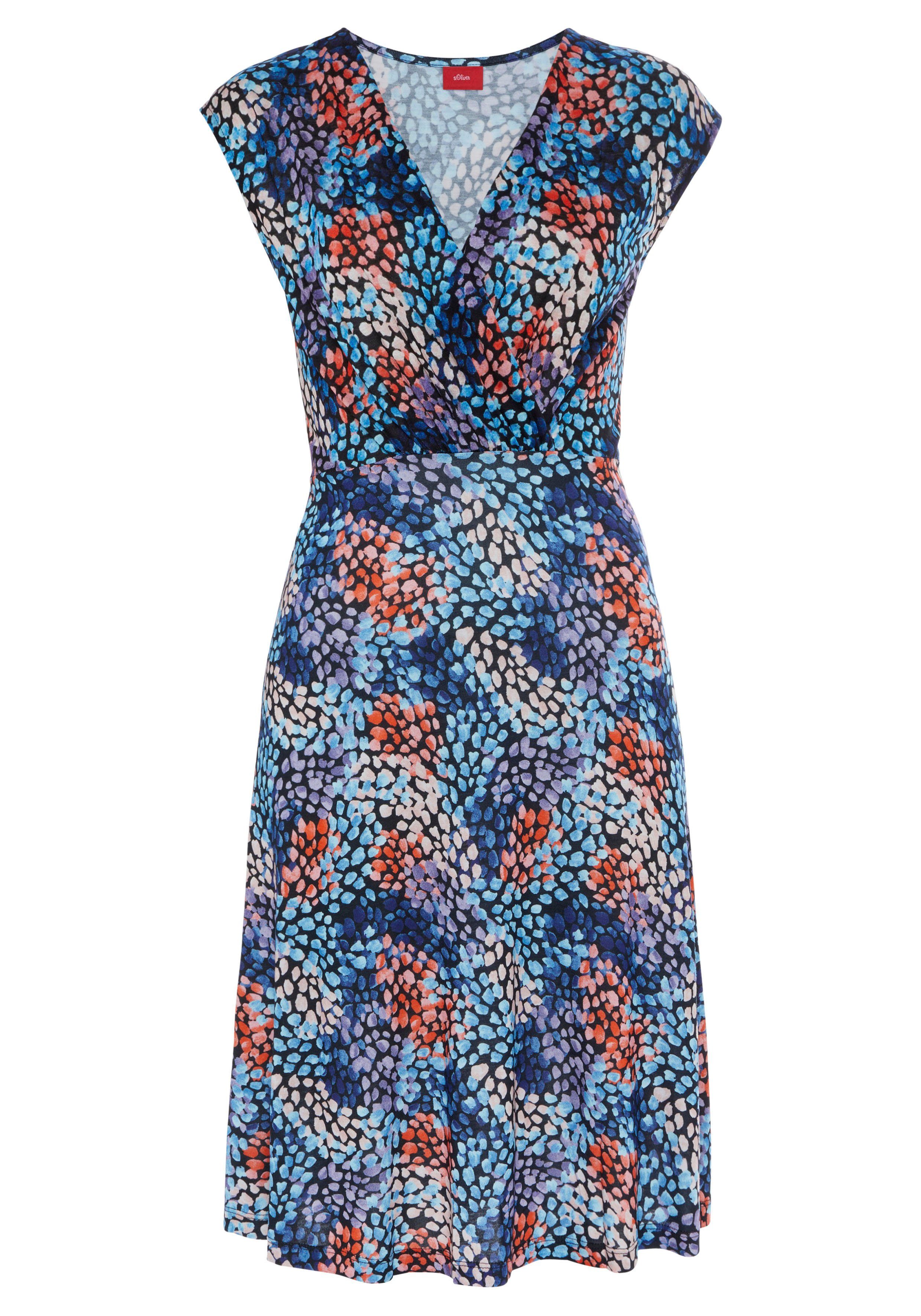 s.Oliver RED LABEL Beachwear Jerseyjurk met all-over print en v-hals, zomerjurk met wikkellook strandjurkjes maat 36 blauw
