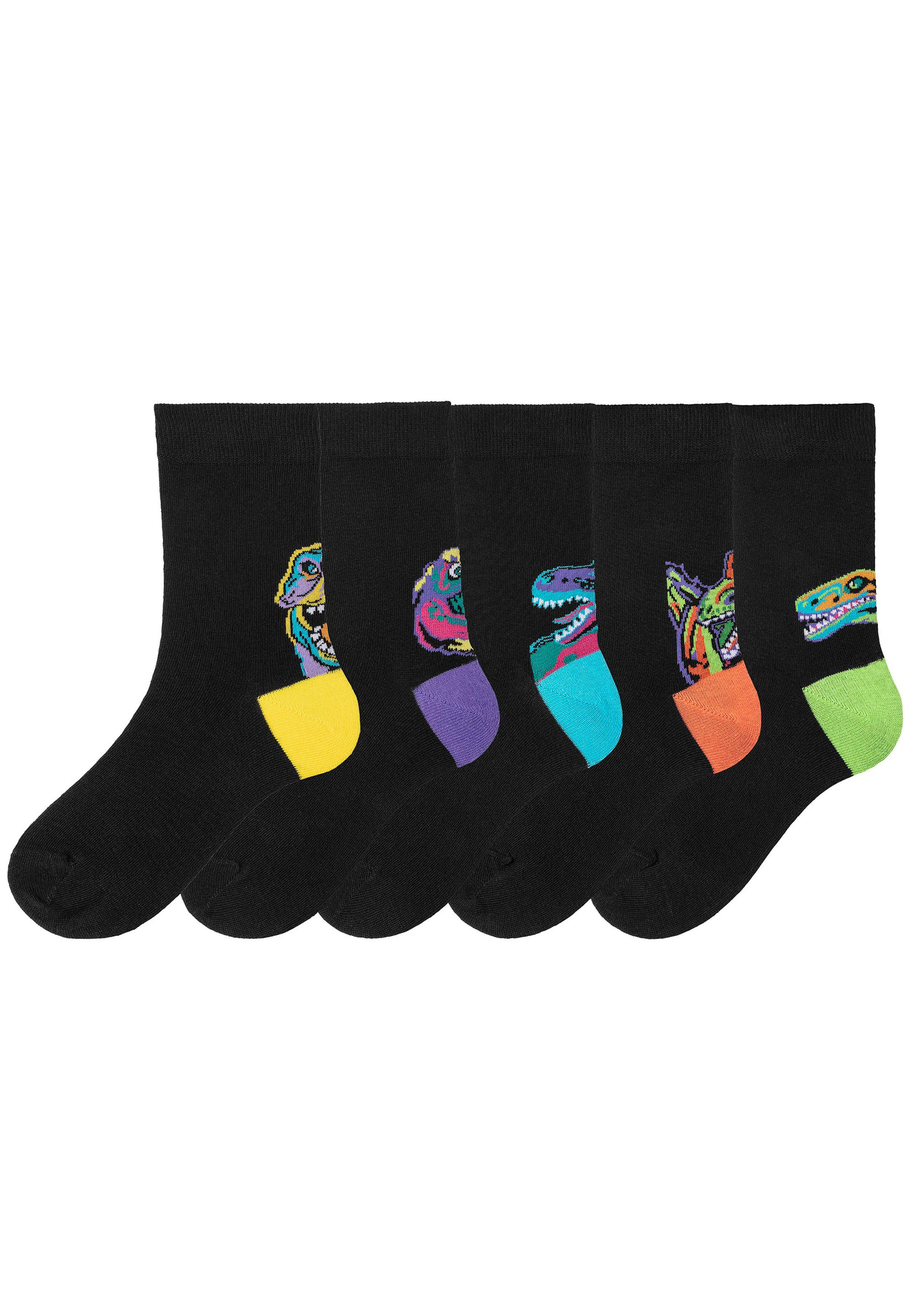 H.I.S Vrijetijdssokken met kleurrijke dino-motieven boven de hiel (set, 5 paar) sokken maat 23/26 zwart