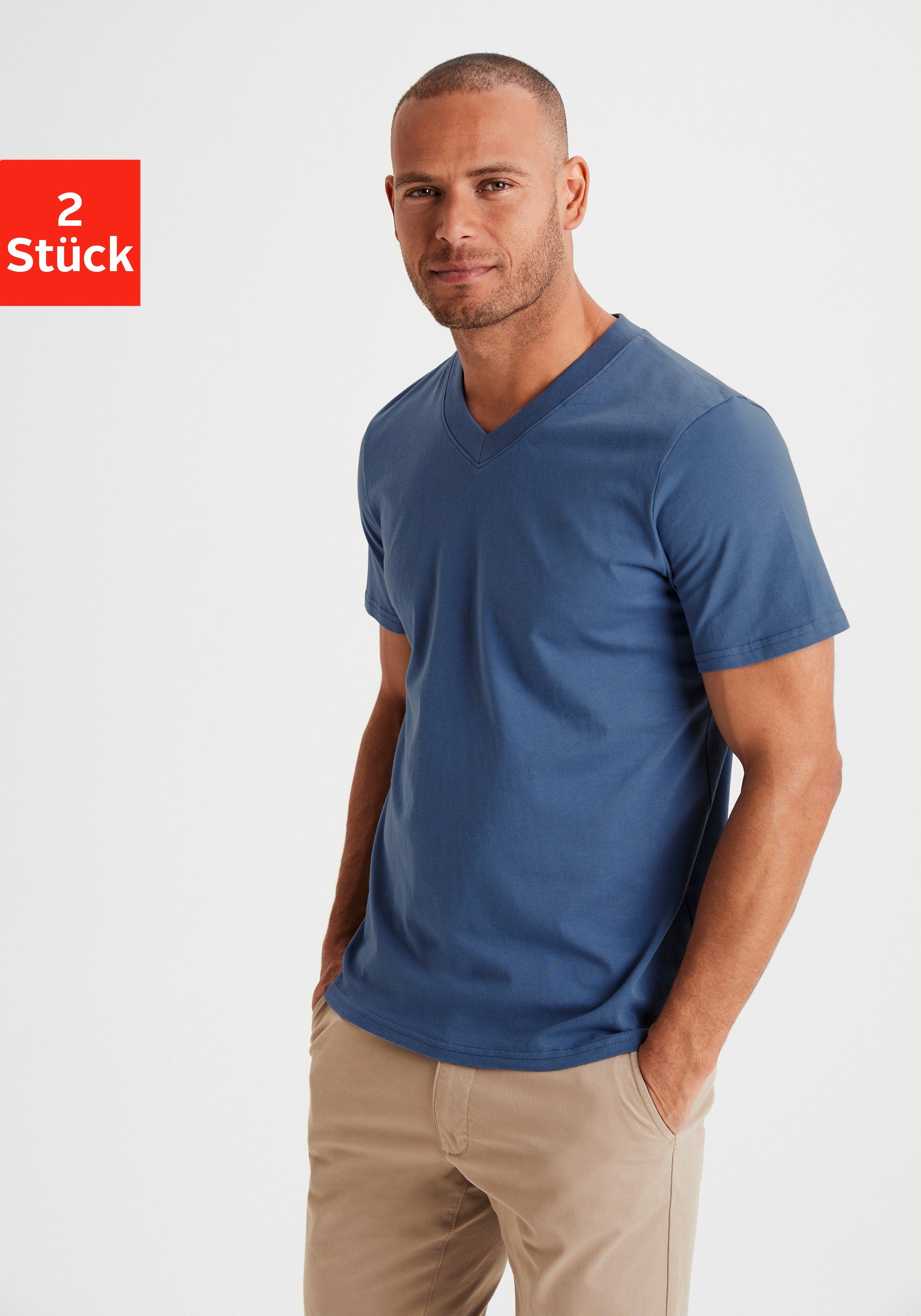 KangaROOS T-shirt Regular fit Vrijetijdsshirt met korte mouwen, V-hals van 100% katoen (Set van 2) heren maat XL (56/58) multicolor