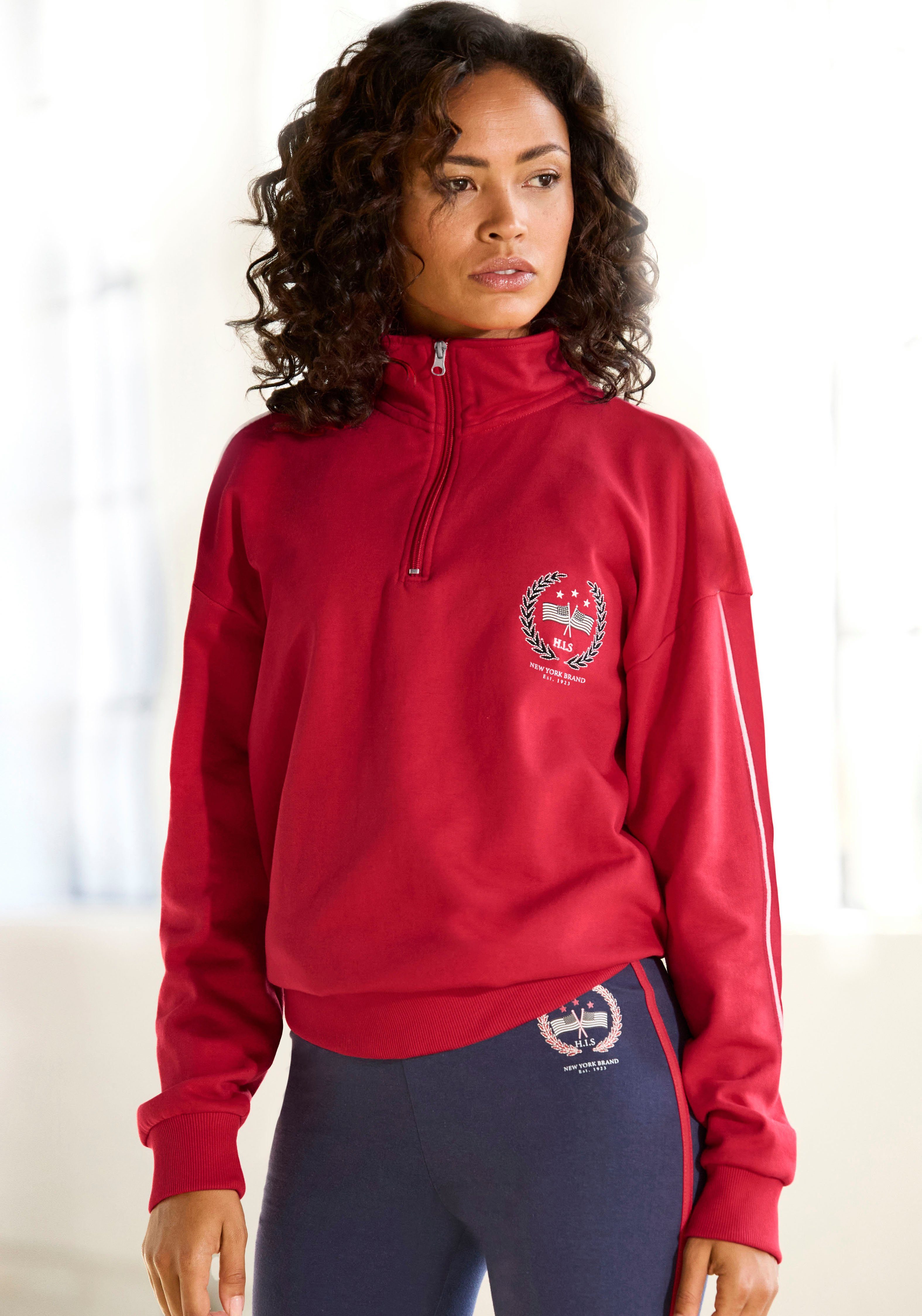 H.I.S Sweatshirt Loungeshirt met troyer-kraag en borduursel, loungeanzug