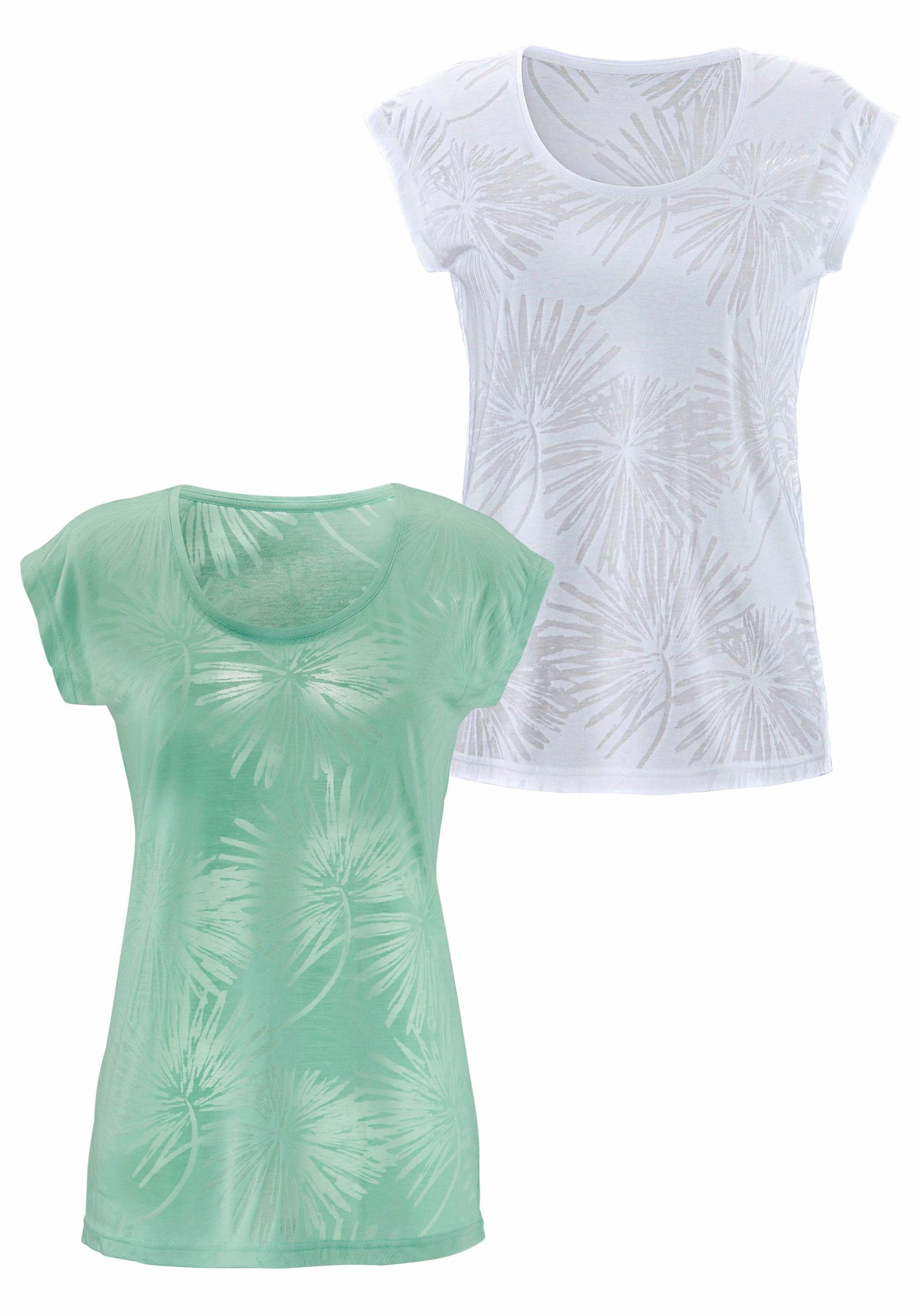 Beachtime Shirt met korte mouwen Met lichtdoorlatende palmen van zachte uitbrandkwaliteit (2-delig, Set van 2)