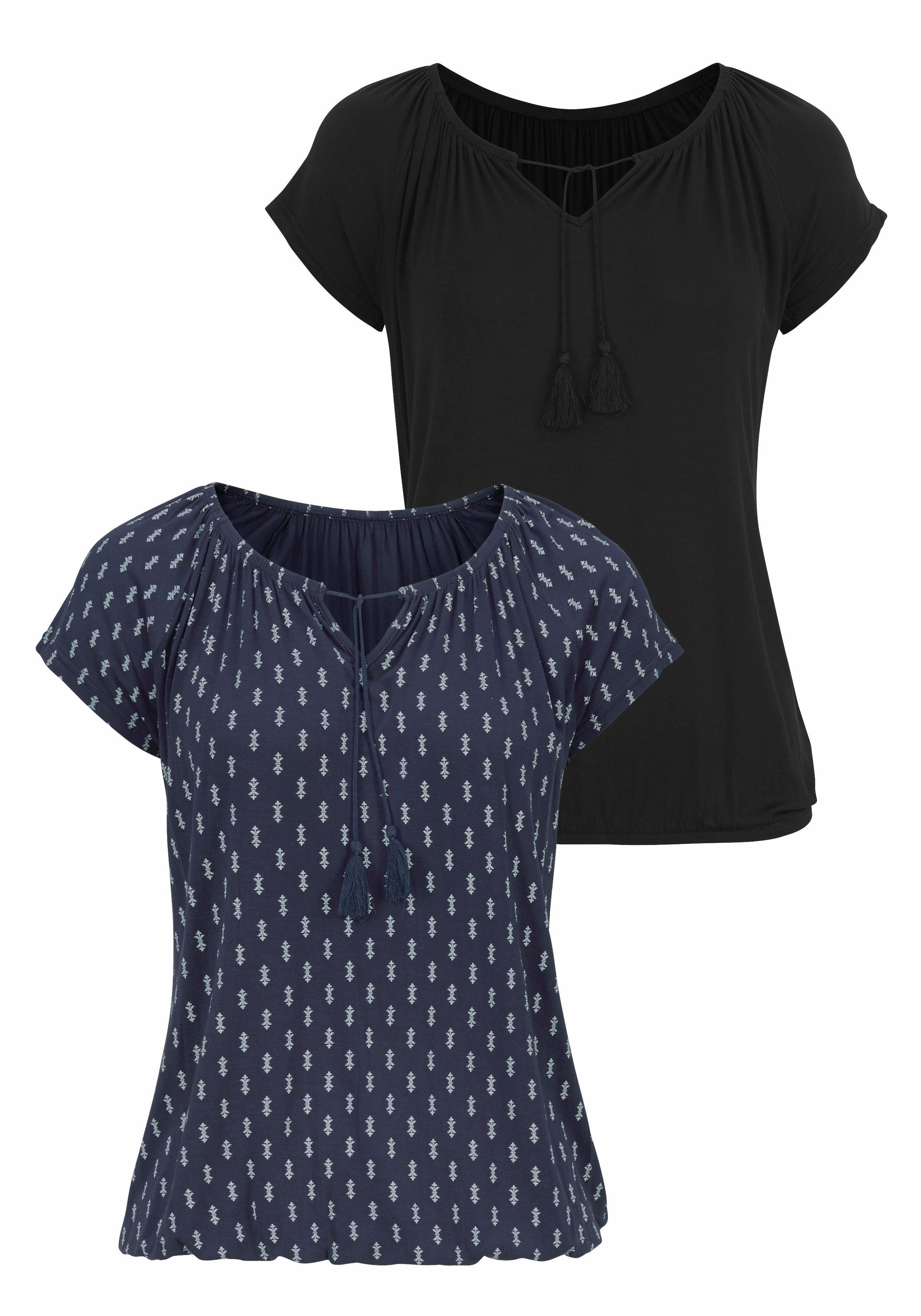 Vivance Shirt met korte mouwen Met iets aangerimpelde hals (Set van 2) shirts maat 40/42 blauw