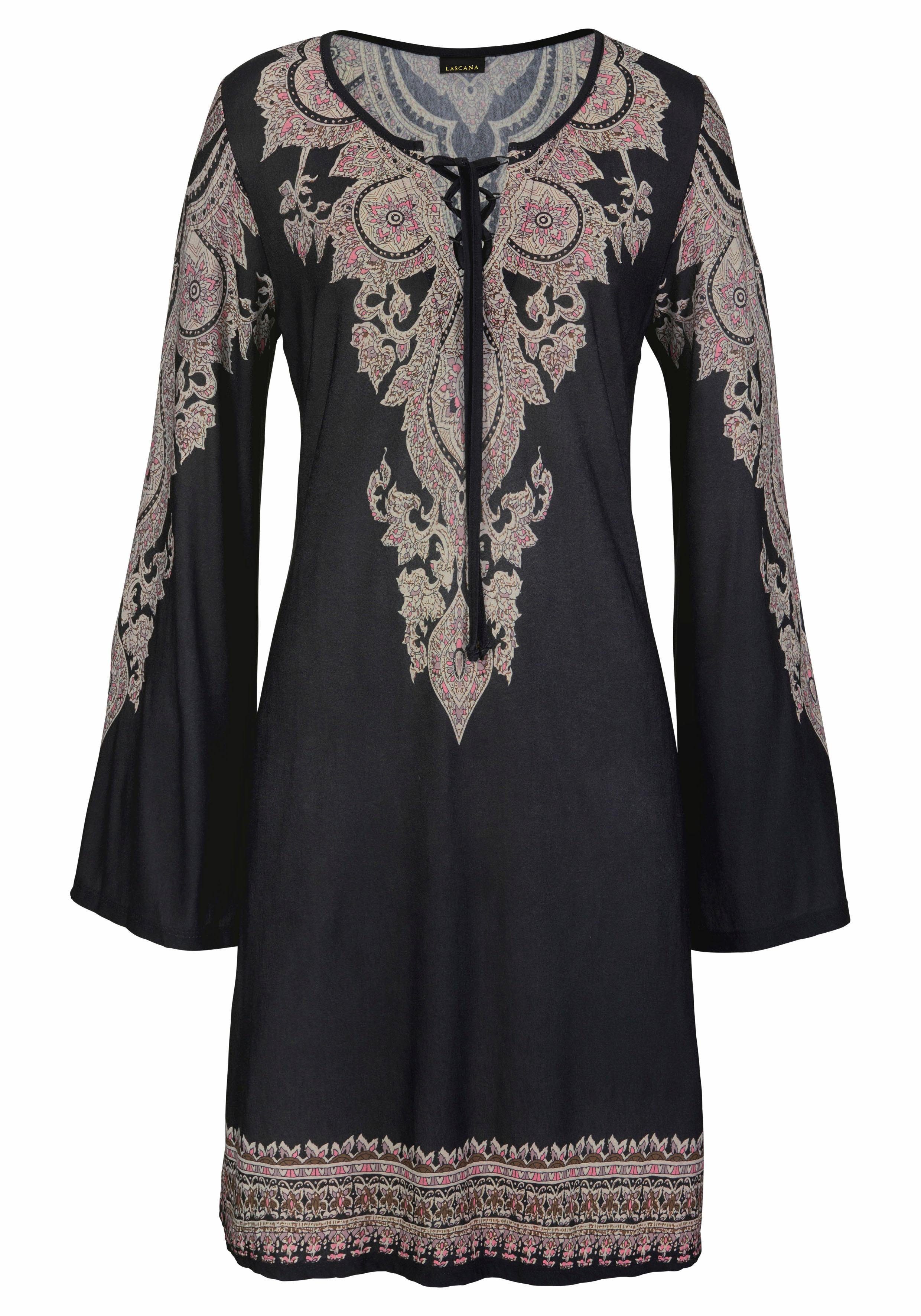 Lascana Jerseyjurk met print op de boorden en bandjes bij de halslijn, zomerjurk strandjurkjes maat 34 zwart