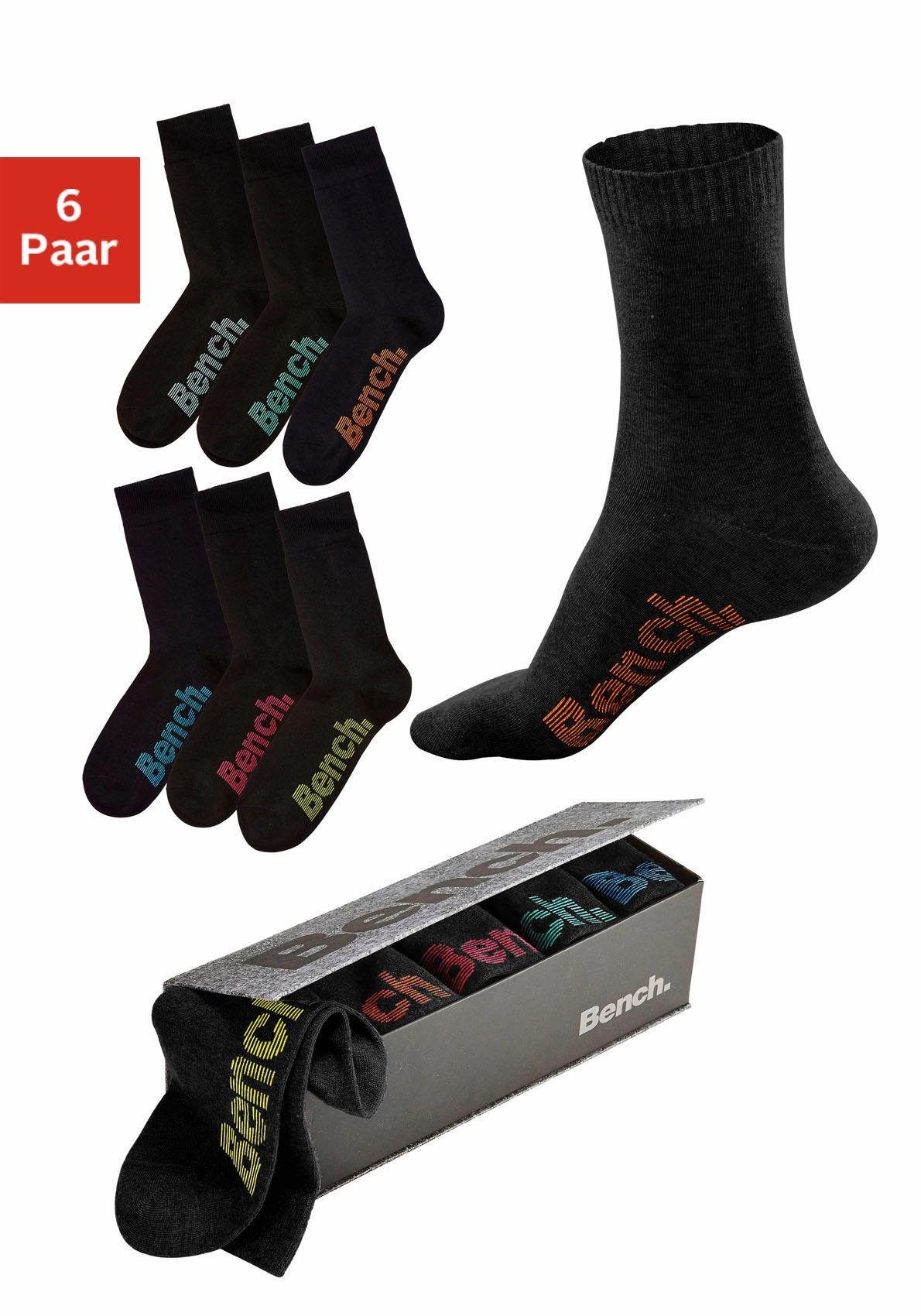 Bench. Sokken met verschillend gekleurde logo’s (box, 6 paar) heren maat 35-38 zwart
