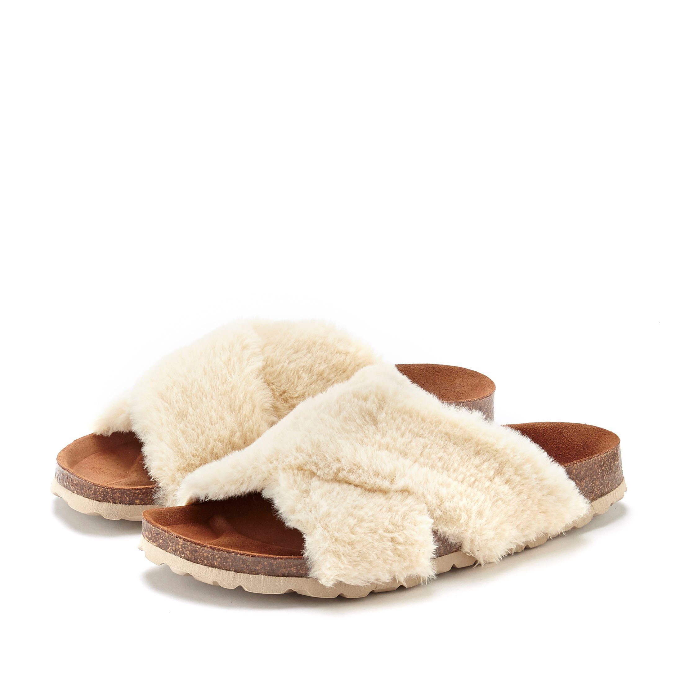 Lascana Slippers Pantoffel, mule, sandaal, open schoen, Mule, sandaal, open schoen, kurkvoetbed met faux bont
