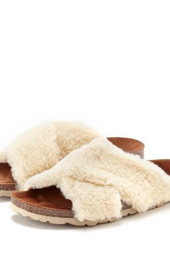 lascana slippers pantoffels met comfortabel kurkvoetbed en heerlijk zacht imitatiebont beige