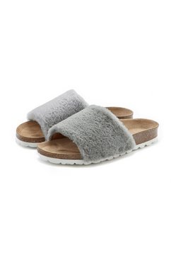 lascana slippers pantoffels met comfortabel kurkvoetbed en modieus imitatiebont grijs