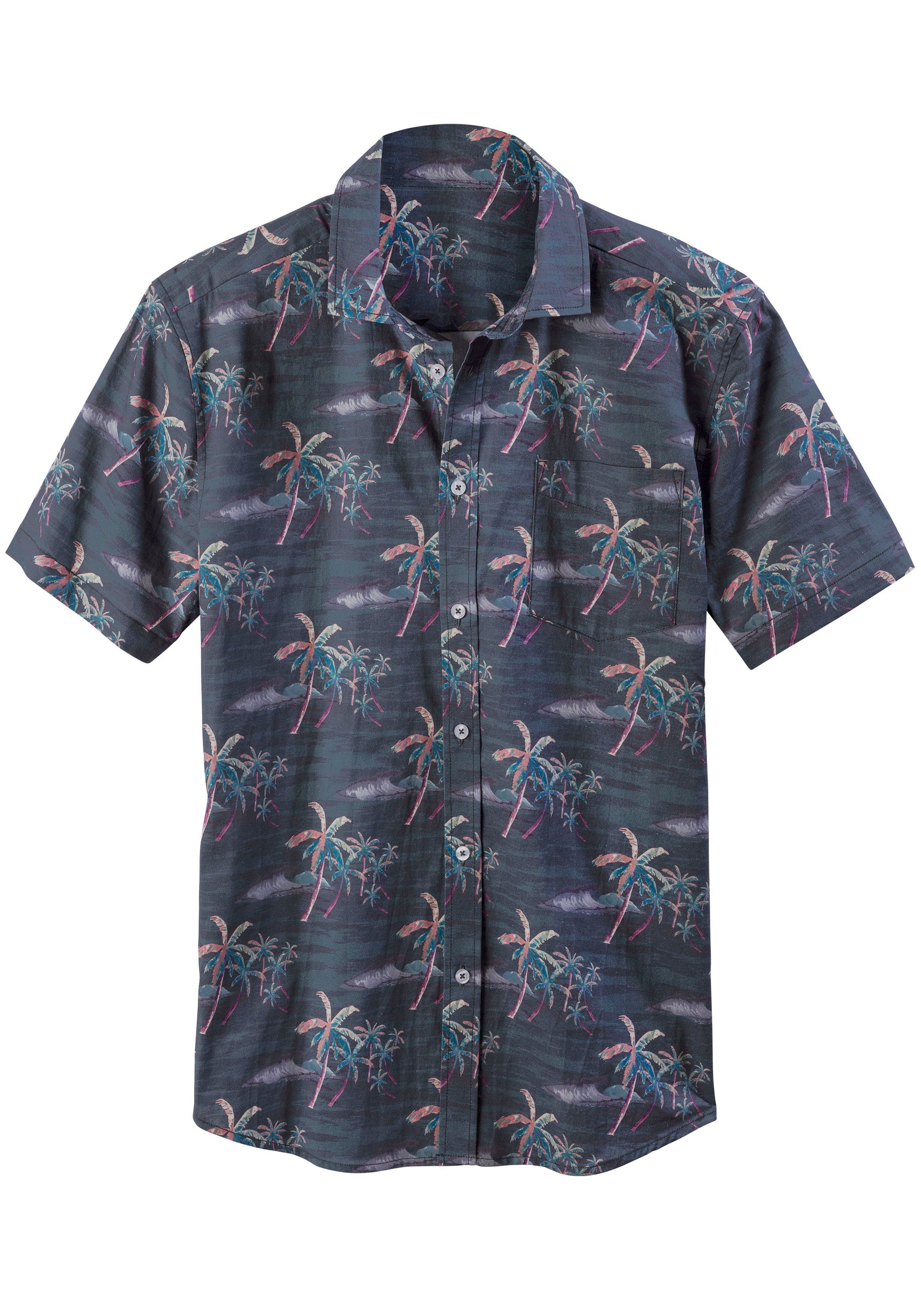 Beachtime Hawaï-overhemd Regular fit korte mouw, vrijetijdshemd met palmprint, puur katoen heren maat S (37/38) blauw