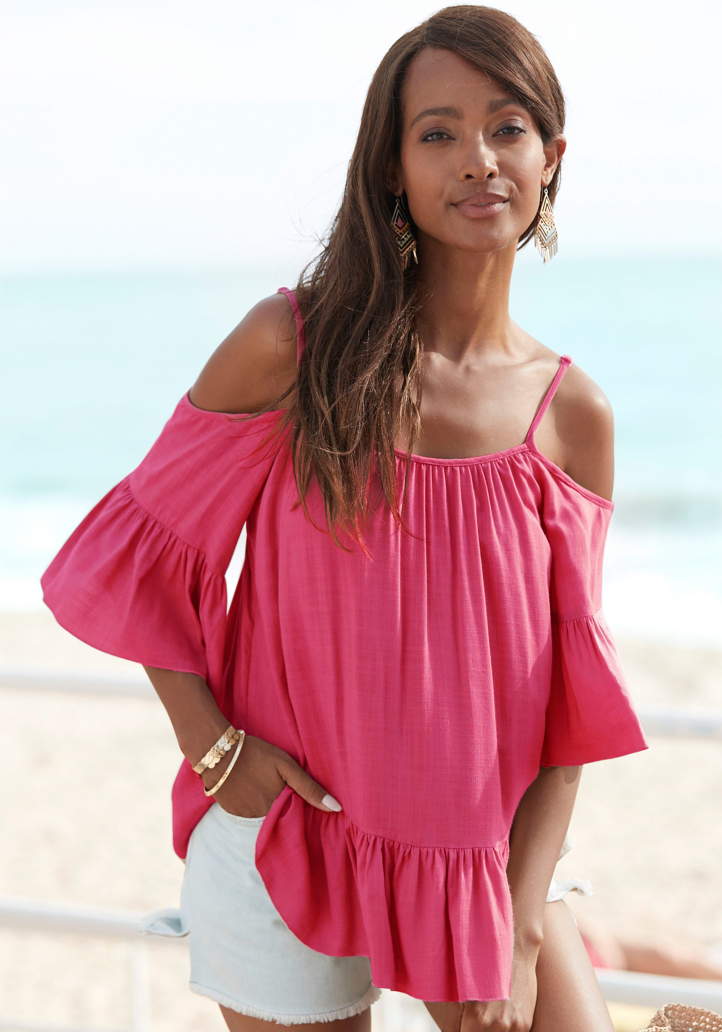 Buffalo Blouse zonder sluiting van geweven viscose, damesblouse met volants, korte mouw blouse