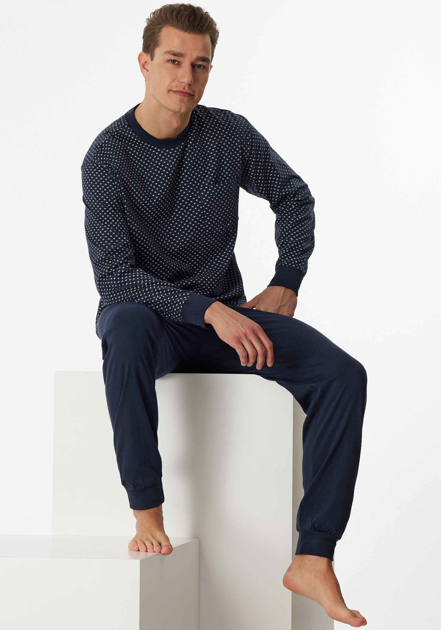 Schiesser Pyjama "Dark Sapphire" met comfortabele boorden aan de mouwen en broekspijpen (2-delig, 1 stuk)