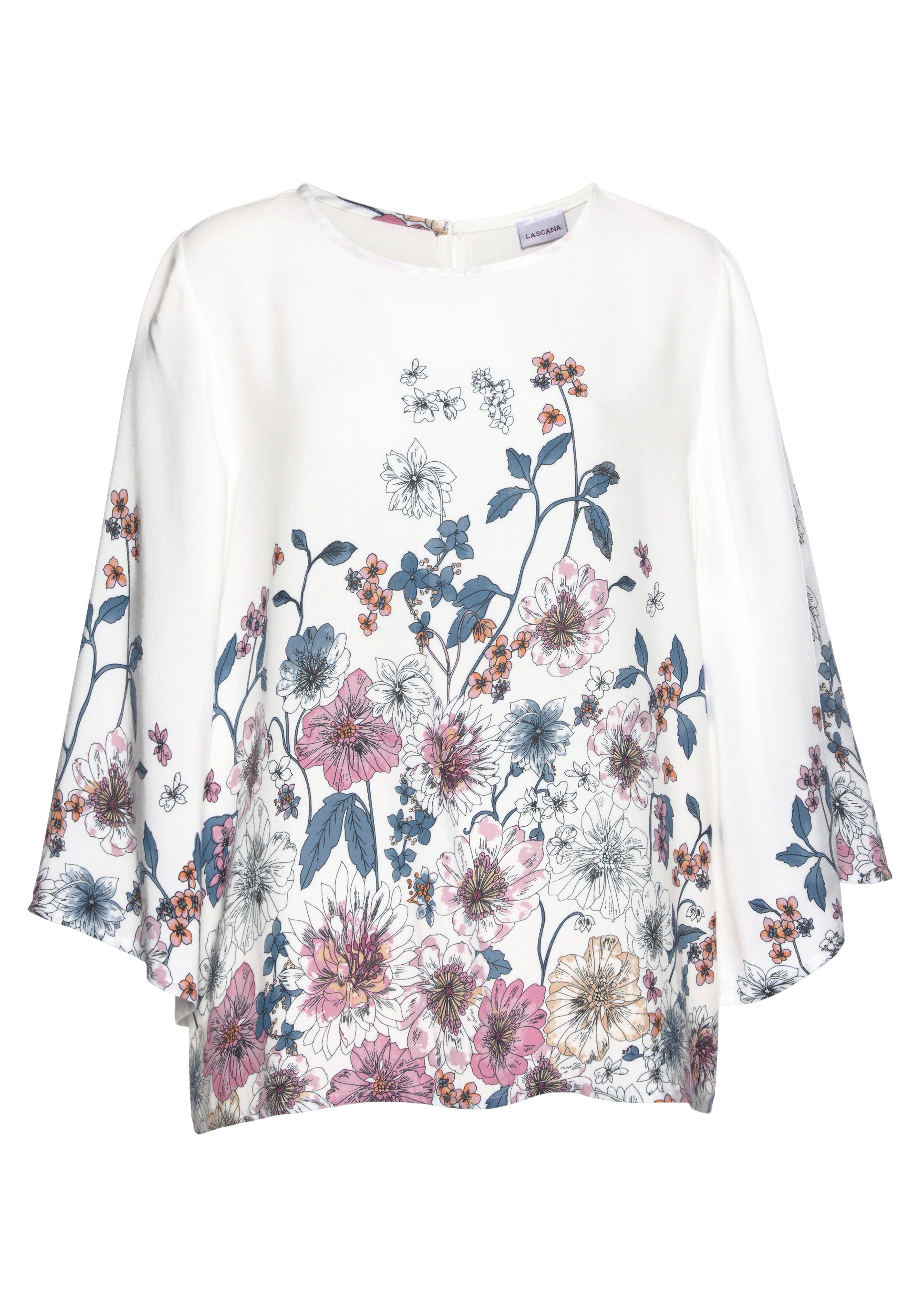 Lascana Blouse zonder sluiting met bloemenprint en trompetmouwen, blouseshirt, zomers