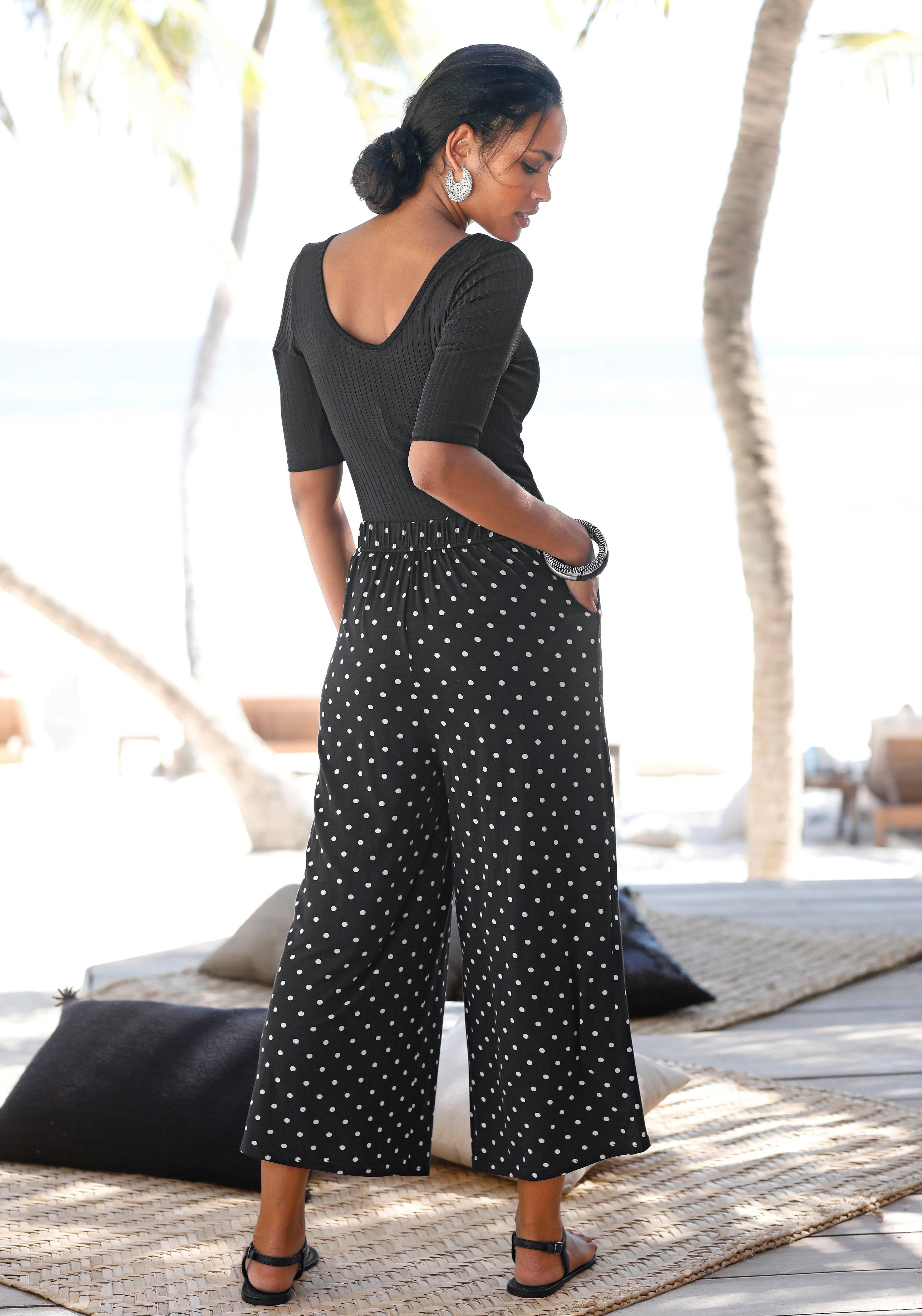 Lascana Culotte met stippenprint en zakken, elastische tailleband, 7/8 broek, jersey broek