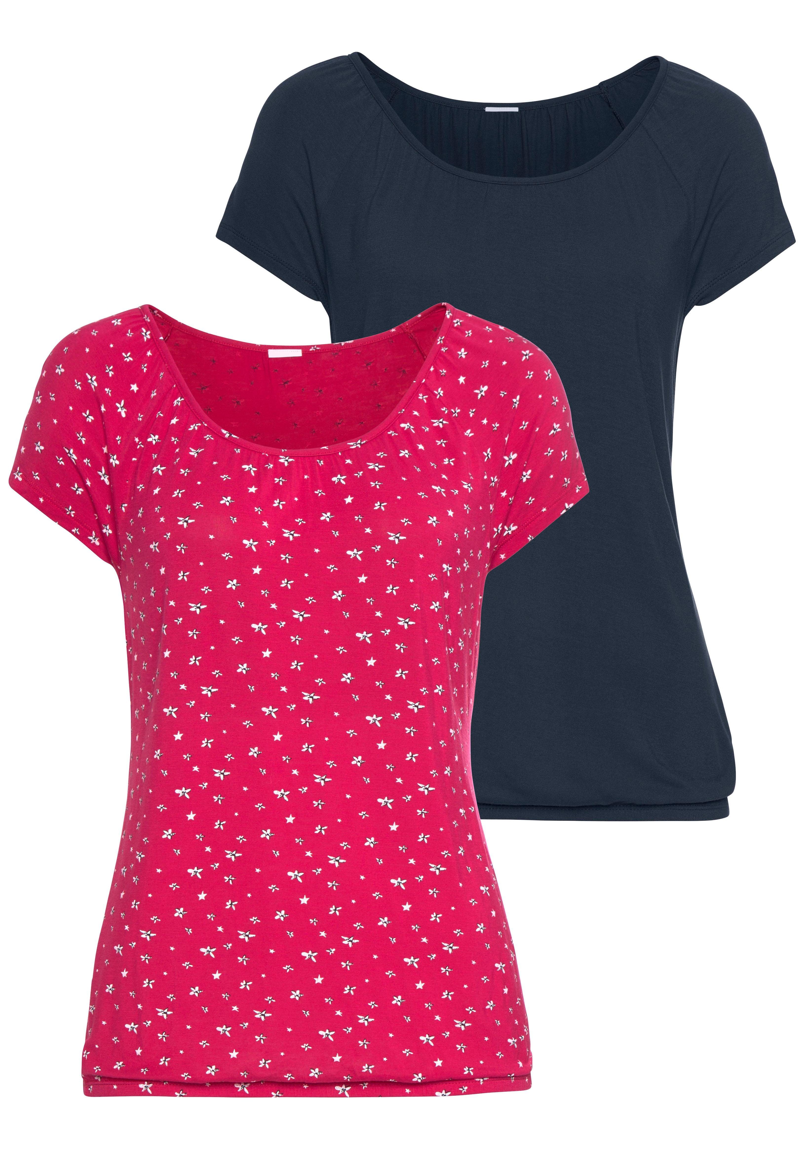 Lascana Shirt met korte mouwen met iets aangerimpelde ronde hals (Set van 2)