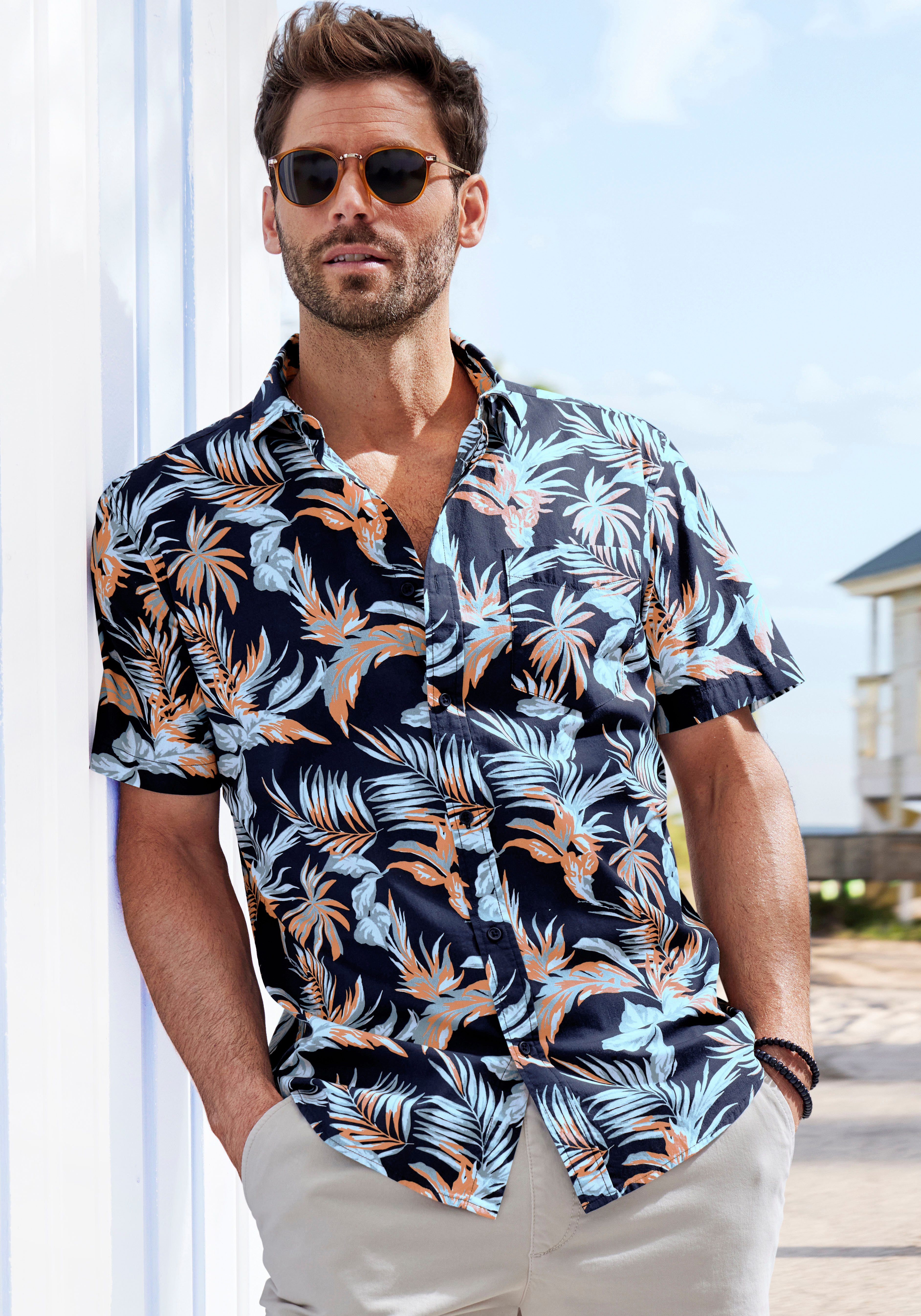 John Devin Hawaï-overhemd Regular fit Korte mouwen, vrijetijdsshirt met palmprint van 100% katoen