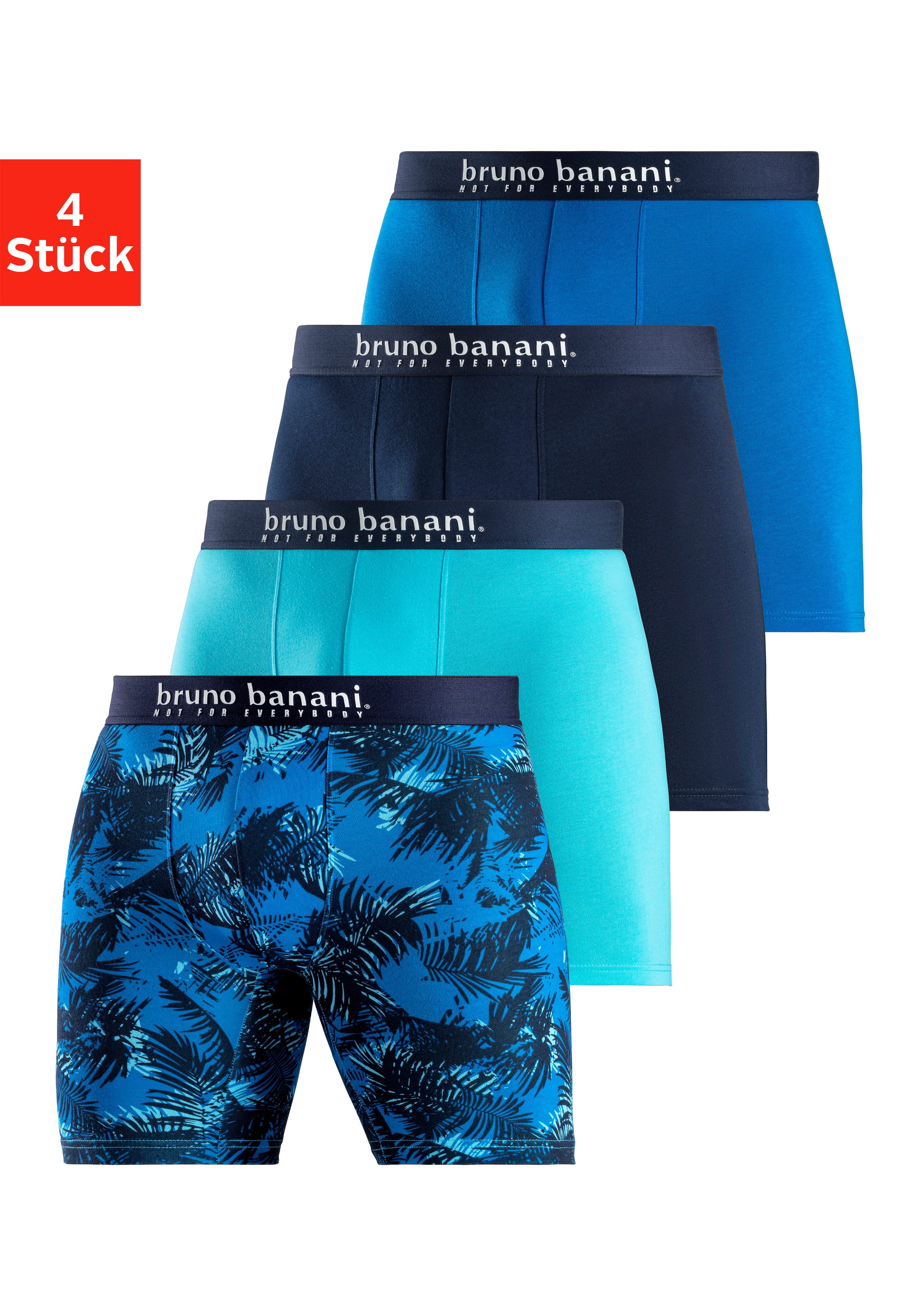Bruno Banani Lange boxershort met palmprint en effen van katoenmix (4 stuks, Set van 4)