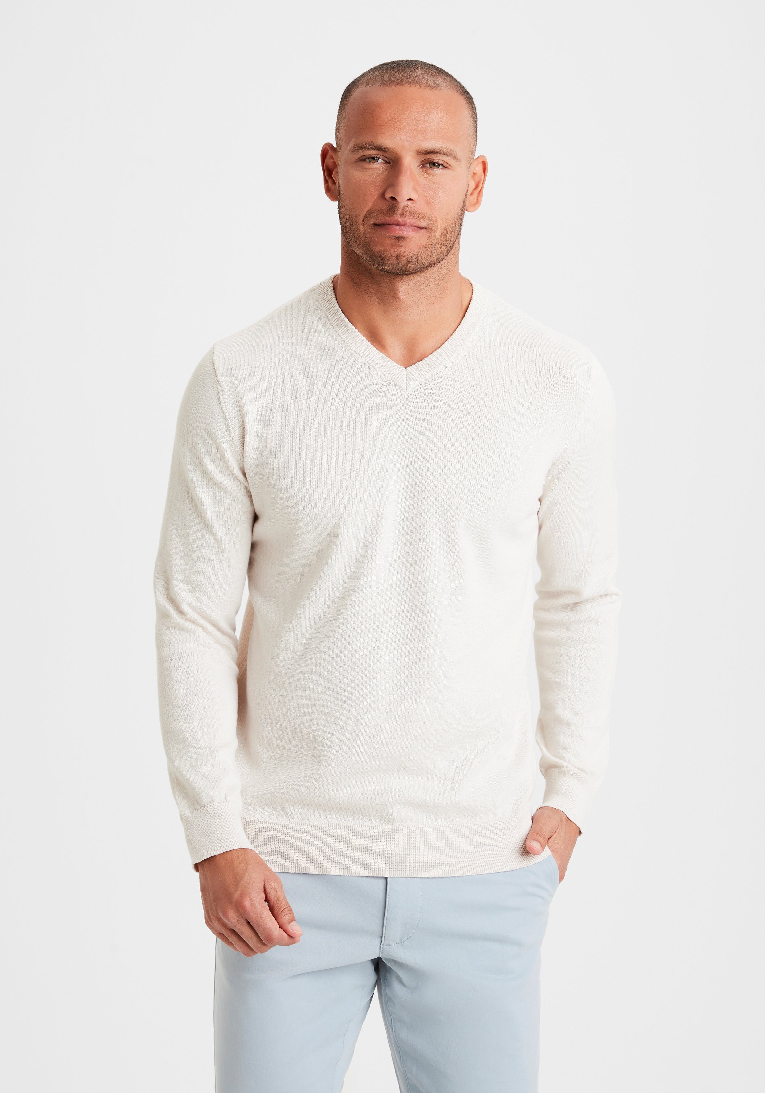 H.I.S Gebreide trui met v-hals, pullover van fijn breiwerk, katoenmix