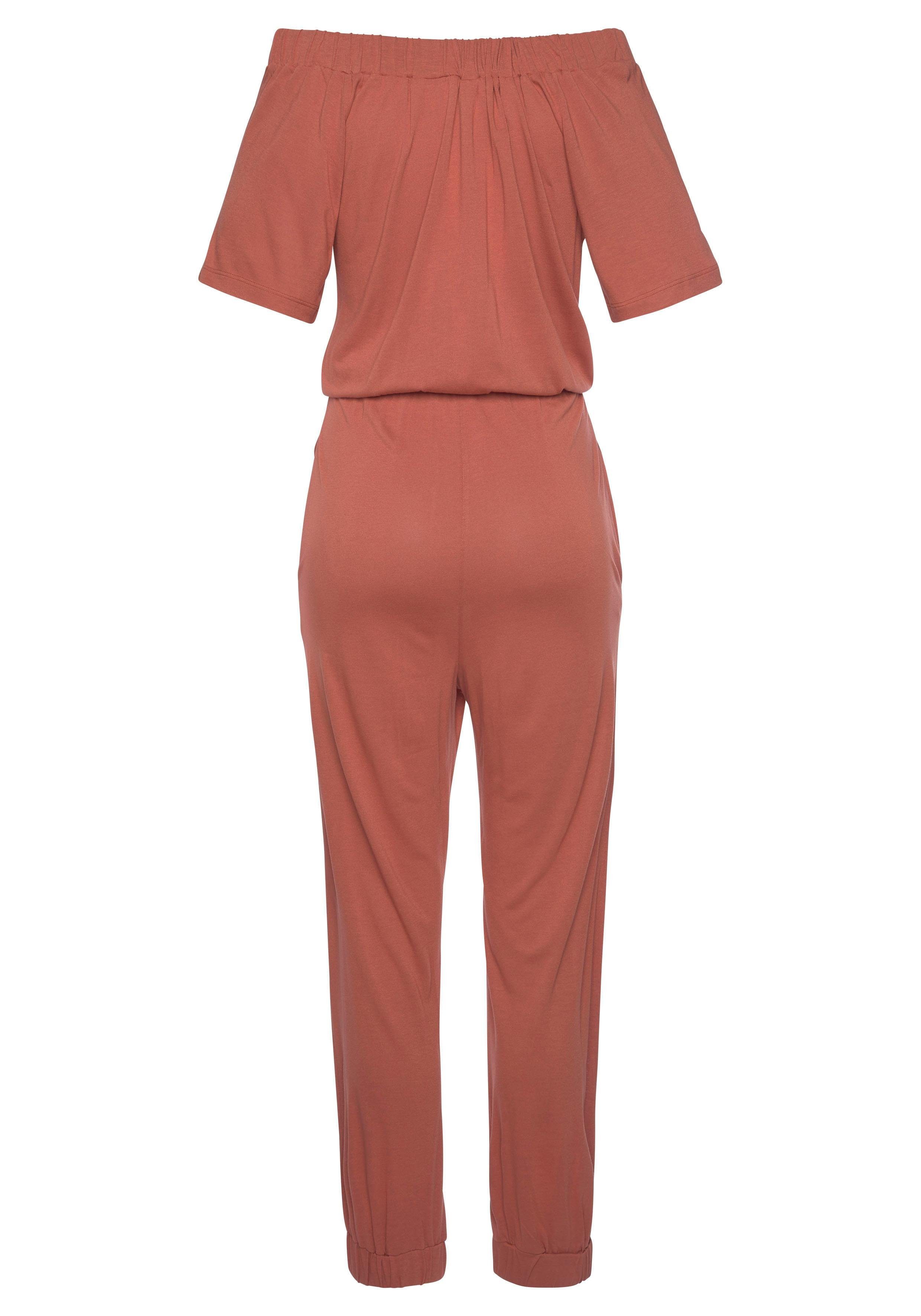 Lascana Jumpsuit in carmen-stijl, zomerse jumpsuit met zakken, schoudervrij