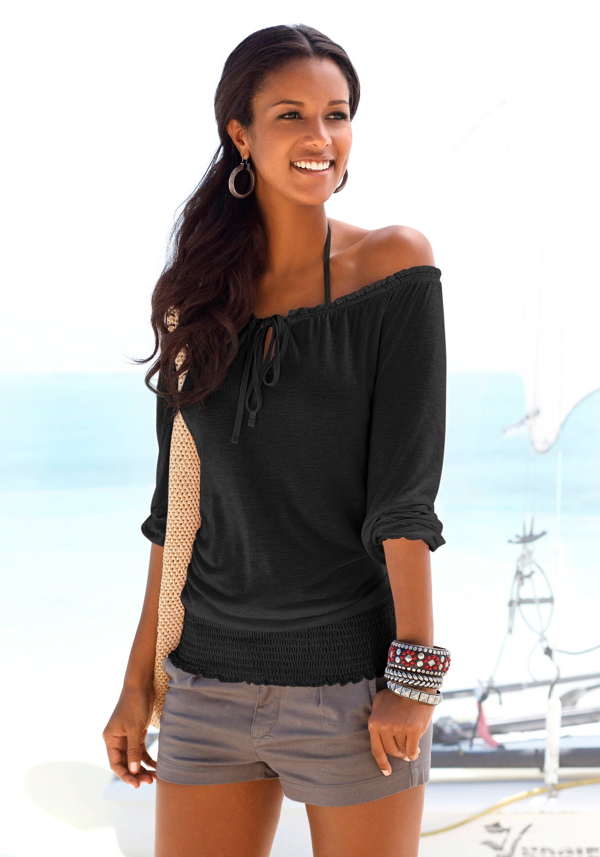 Lascana Shirt met carmenhals met 3/4-mouwen, blouseshirt met striklint en elastische tailleband