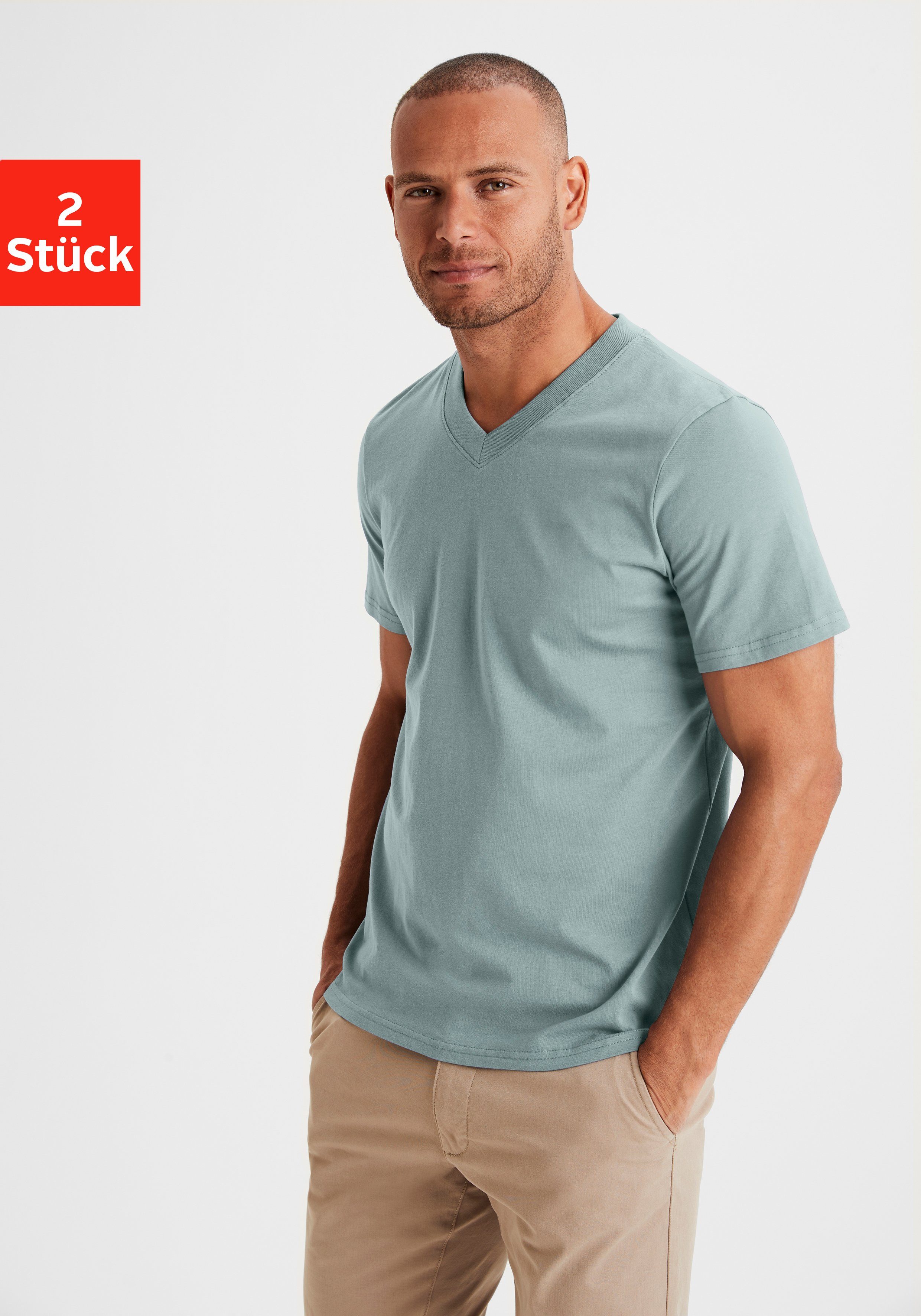 KangaROOS T-shirt Regular fit Vrijetijdsshirt met korte mouwen, V-hals van 100% katoen (Set van 2)