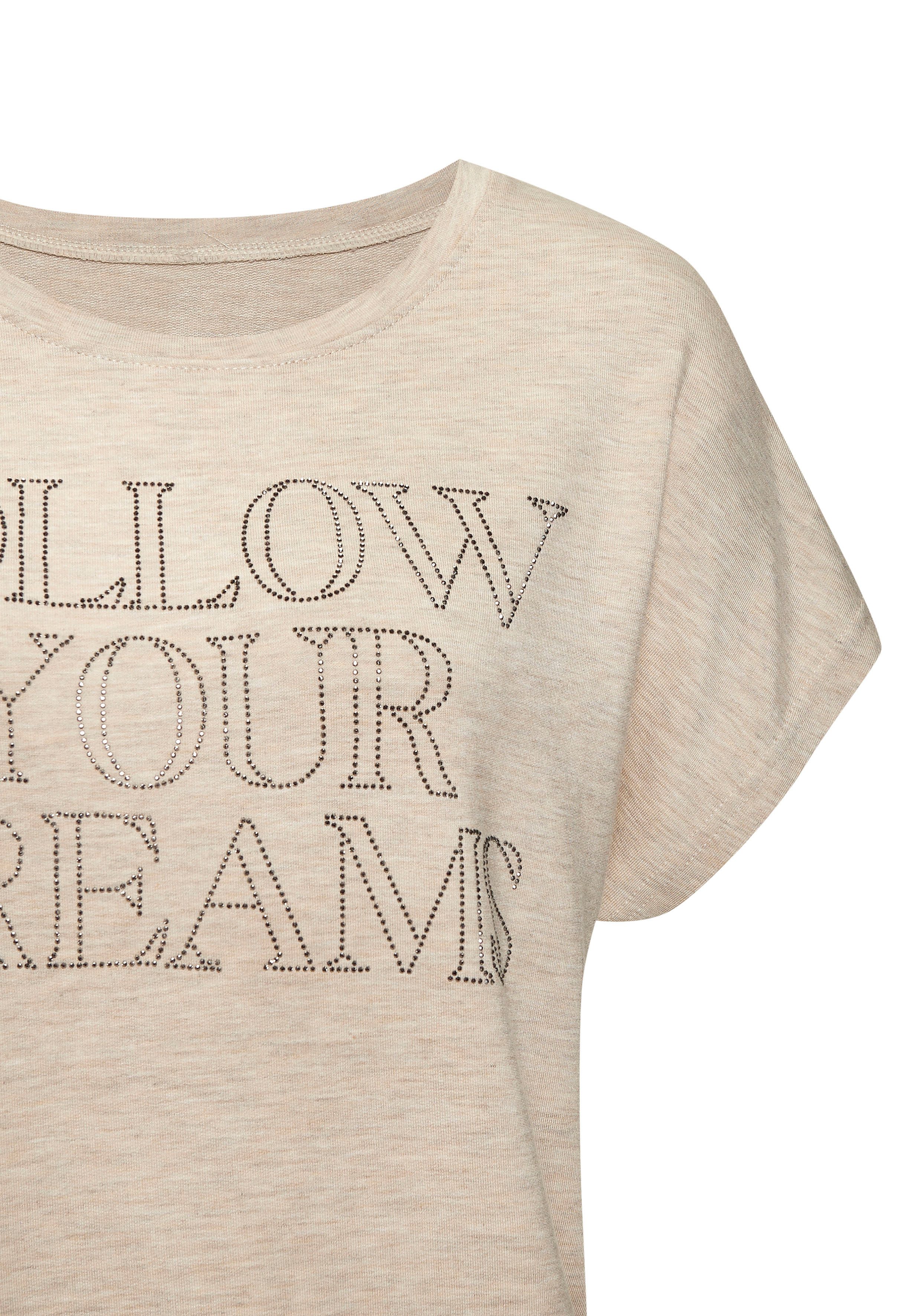 Lascana Shirt met ronde hals Met tekst van strassstenen van hoogwaardige french terry-kwaliteit van viscose