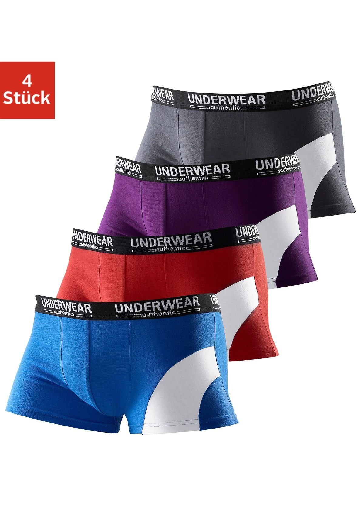 AUTHENTIC UNDERWEAR Boxershort in hipster-model met een contrastkleurige inzet (set, 4 stuks)